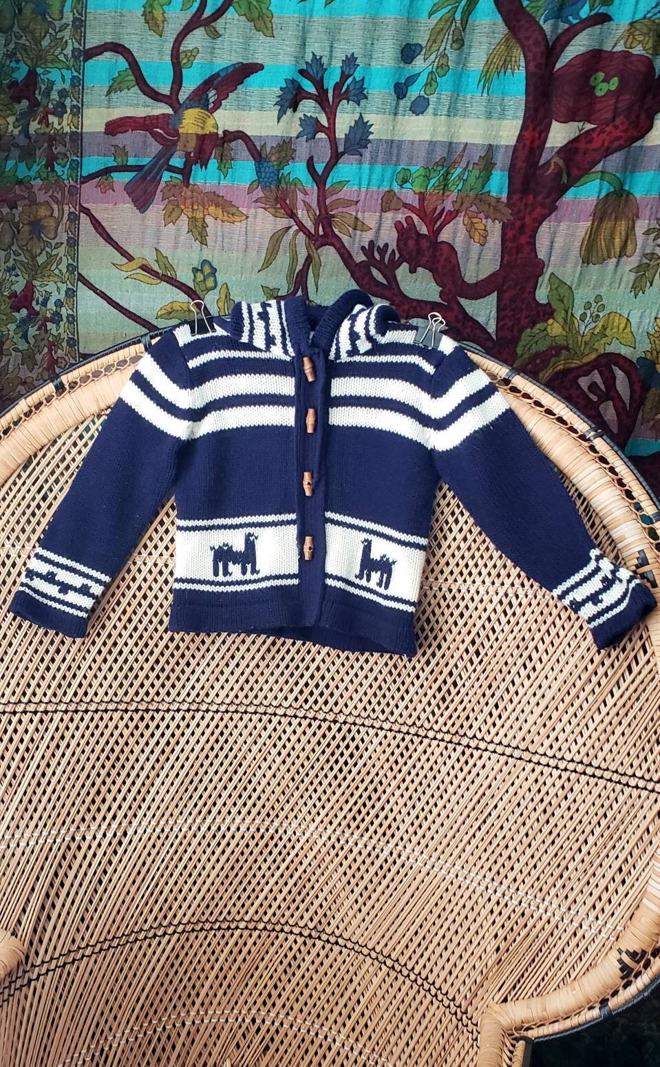70s Kids Hooded Llama Sweater Vintage Kids Sweater Navy and Cream Hooded Sweater with Wood Toggle Buttons by Gimbels Children's World - Image 2