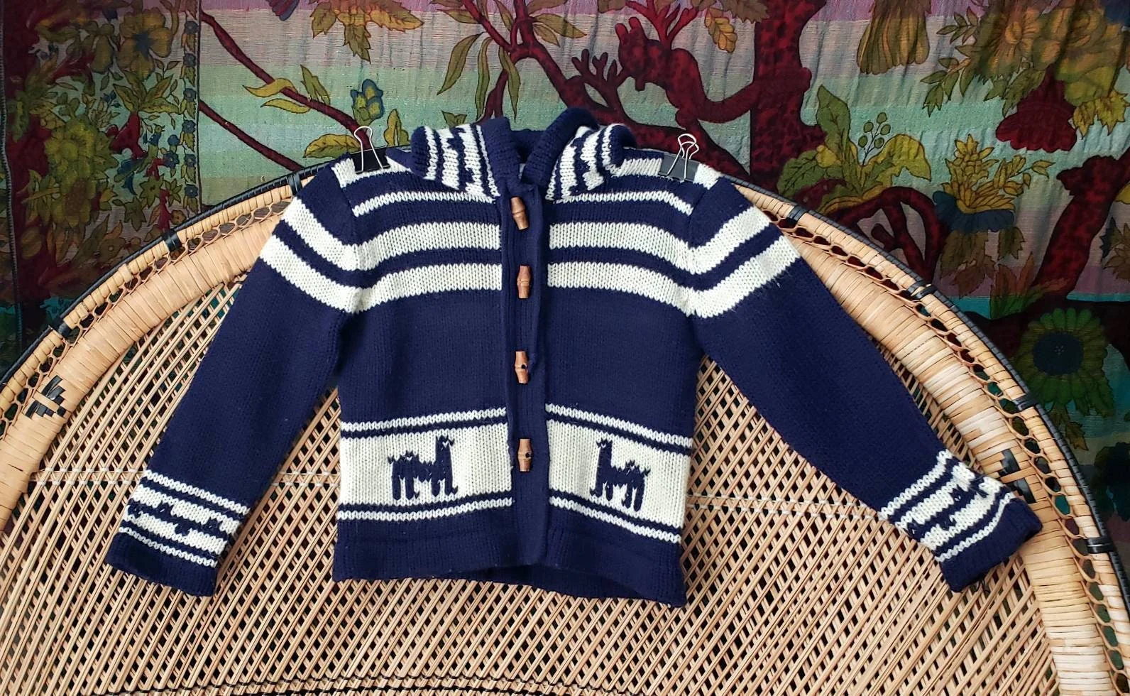 70s Kids Hooded Llama Sweater Vintage Kids Sweater Navy and Cream Hooded Sweater with Wood Toggle Buttons by Gimbels Children's World - Image 3
