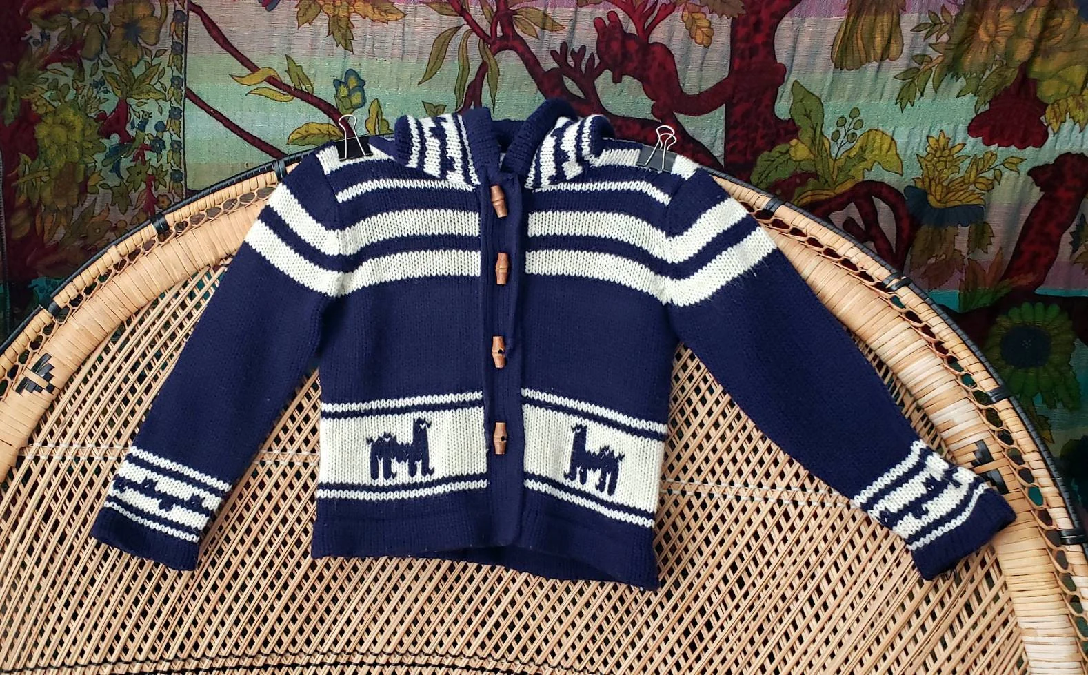 70s Kids Hooded Llama Sweater Vintage Kids Sweater Navy and Cream Hooded Sweater with Wood Toggle Buttons by Gimbels Children's World - Image 4