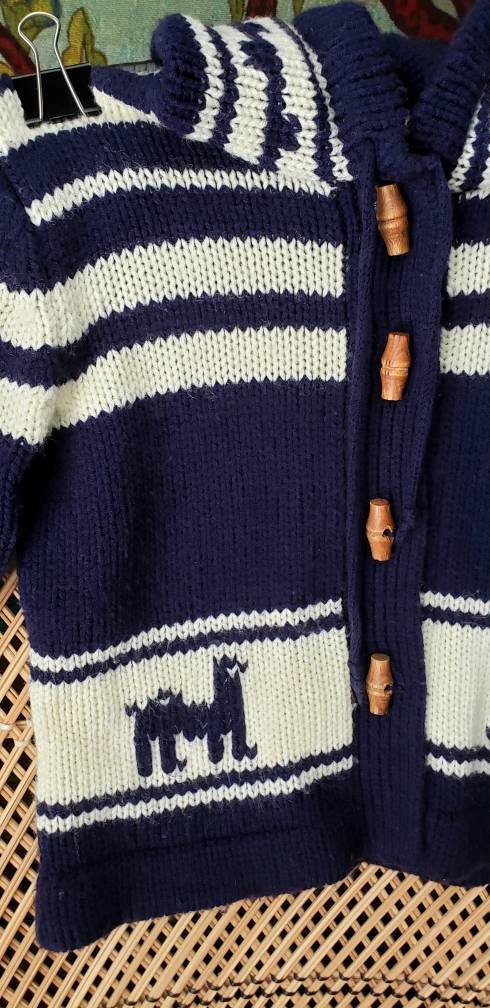 70s Kids Hooded Llama Sweater Vintage Kids Sweater Navy and Cream Hooded Sweater with Wood Toggle Buttons by Gimbels Children's World - Image 6