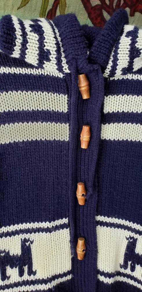 70s Kids Hooded Llama Sweater Vintage Kids Sweater Navy and Cream Hooded Sweater with Wood Toggle Buttons by Gimbels Children's World - Image 7