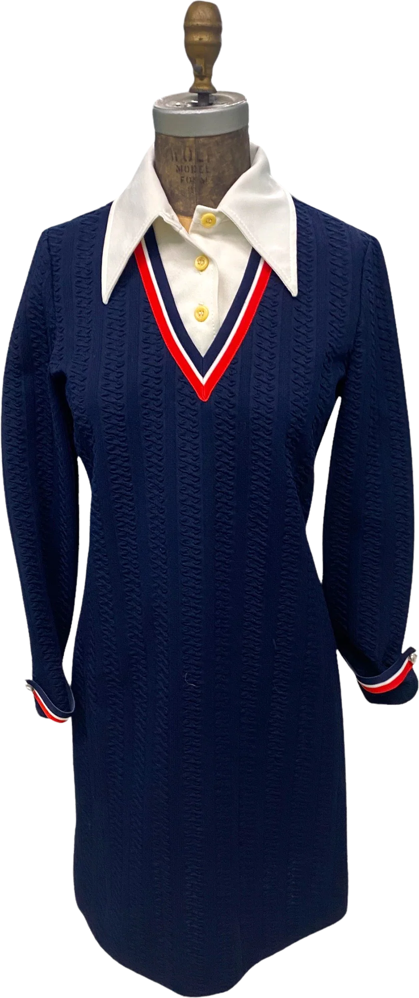 70s Knit Blue Knit Dress White Collar Red White Trim By Butte Knit