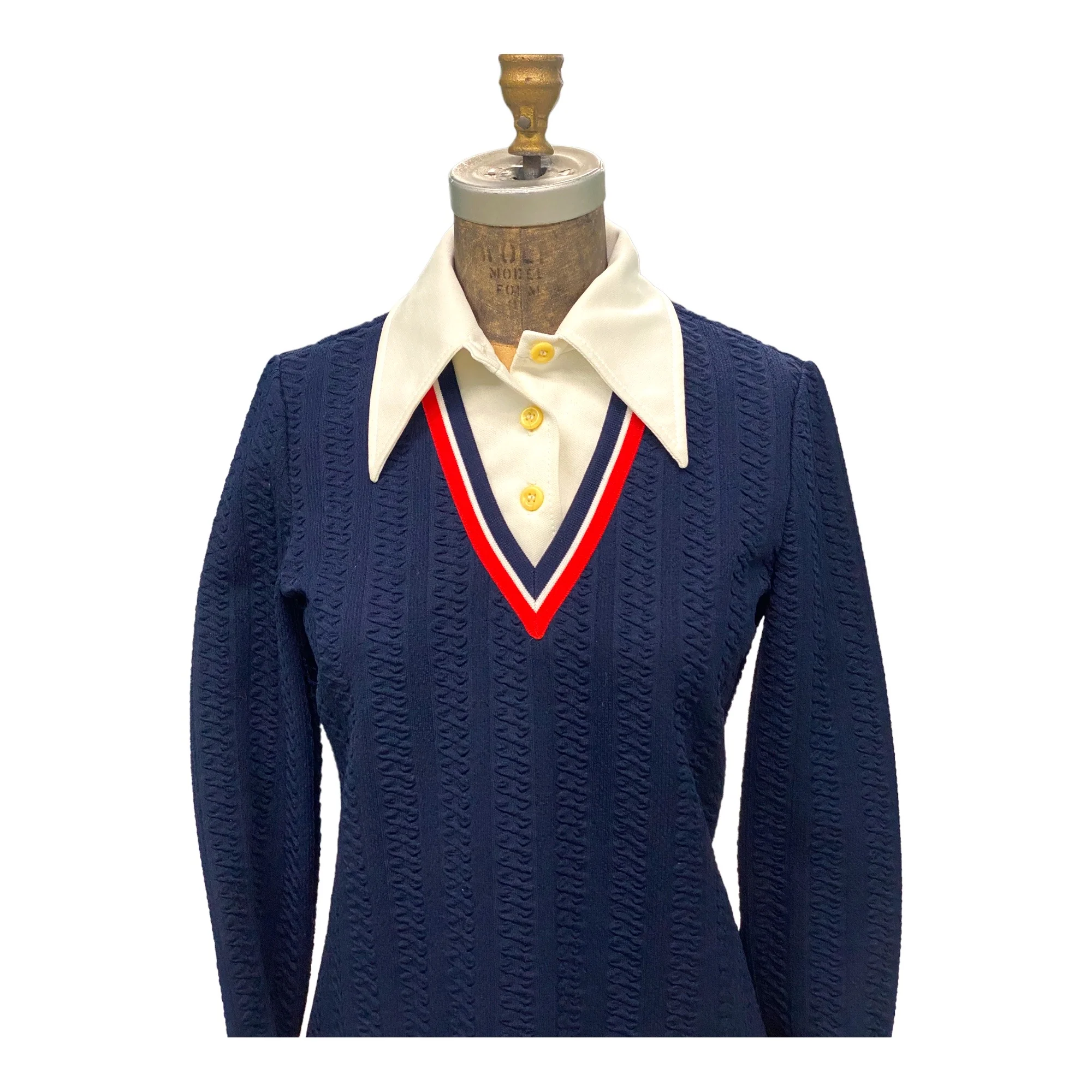 70s Knit Blue Knit Dress White Collar Red White Trim By Butte Knit - Image 3
