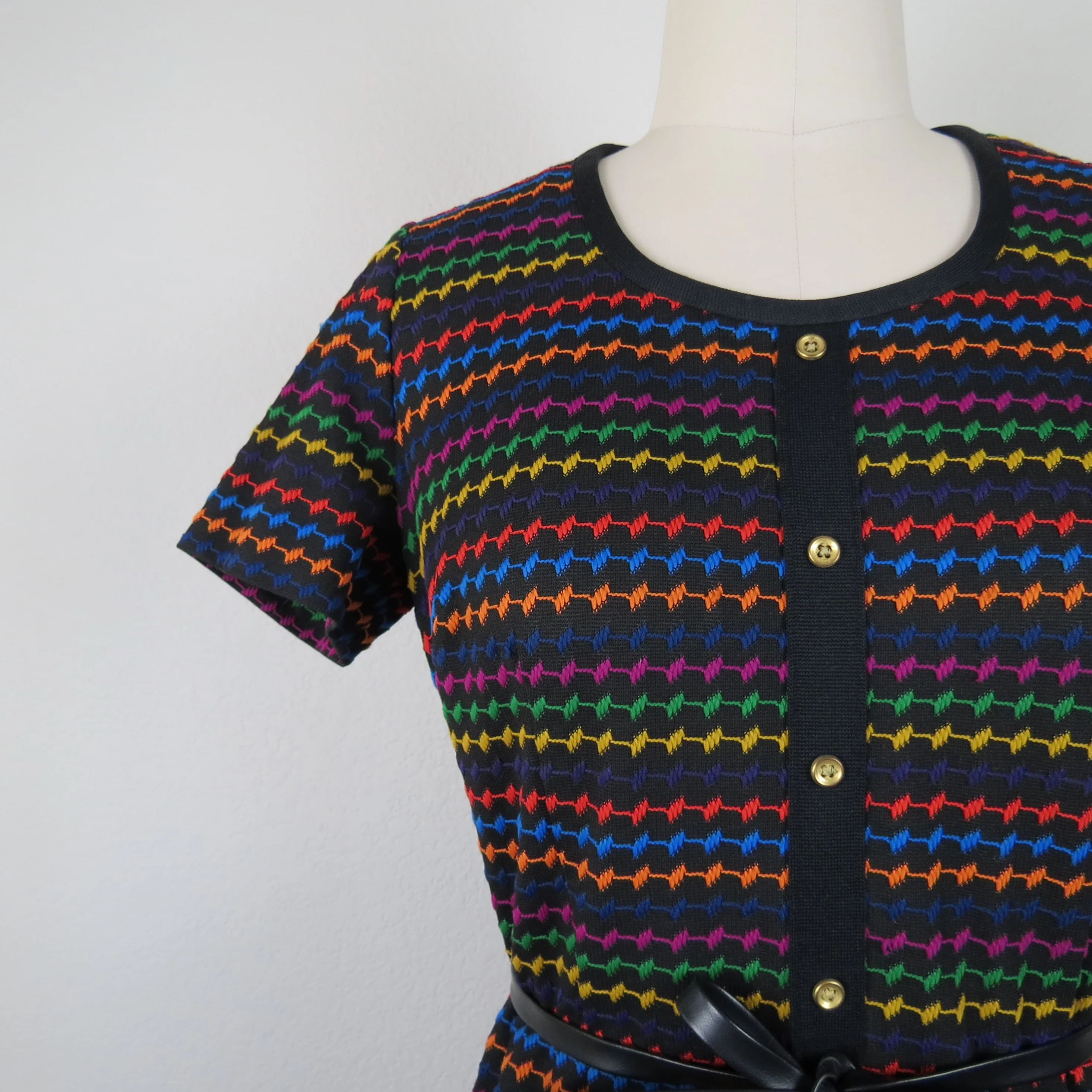 70s Knit Dress Rainbow Embroidered Mod Sheath Career - Image 3