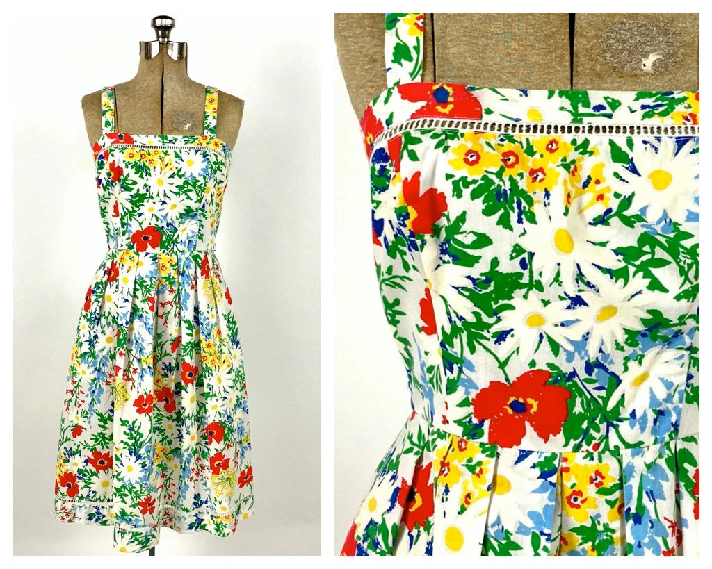 70s Lanz Green Floral Dress Full White Midi Sundress Daisy Print Garden Party Dress Open Back Party Vintage Sun Dress by Lanz Originals - Image 4