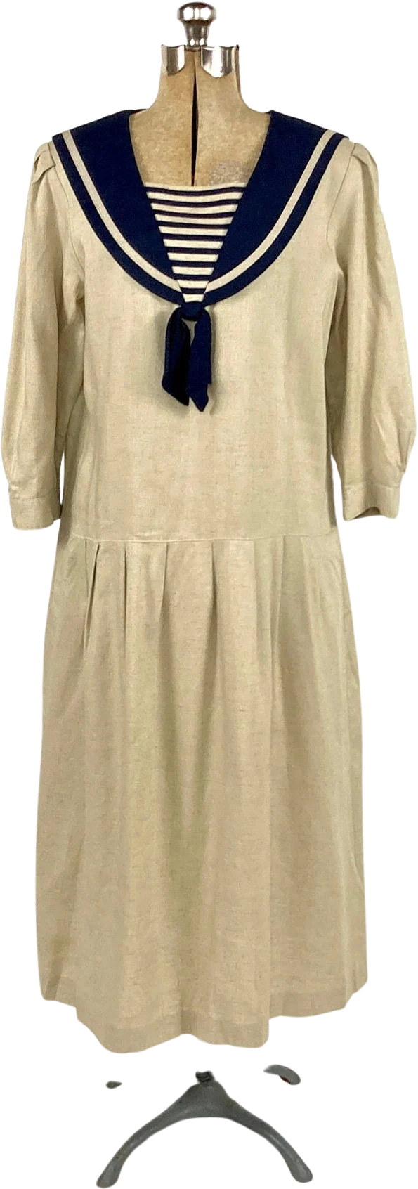 70s Lanz Khaki Sailor Striped Dress Drop Waist Navy Blue Midi Dress Party Vintage Sun Dress by Lanz Originals