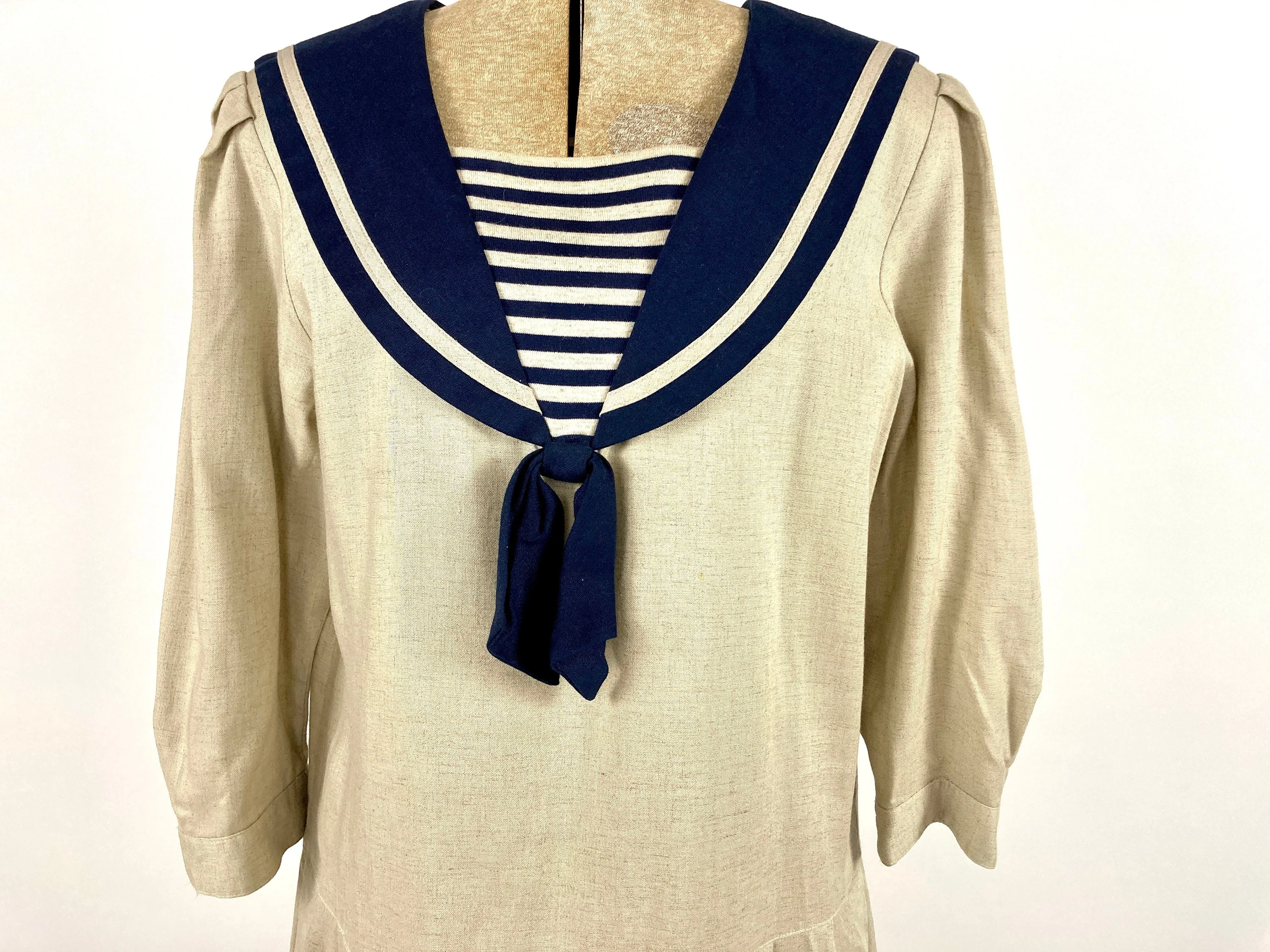 70s Lanz Khaki Sailor Striped Dress Drop Waist Navy Blue Midi Dress Party Vintage Sun Dress by Lanz Originals - Image 3