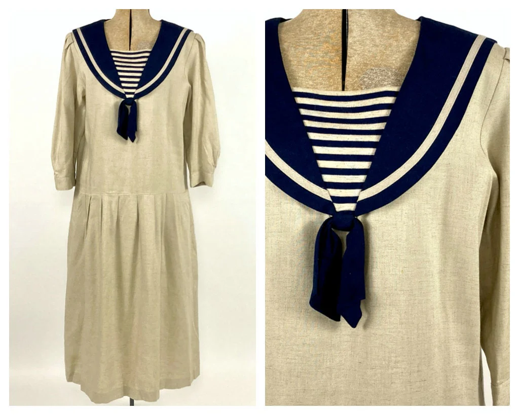 70s Lanz Khaki Sailor Striped Dress Drop Waist Navy Blue Midi Dress Party Vintage Sun Dress by Lanz Originals - Image 4