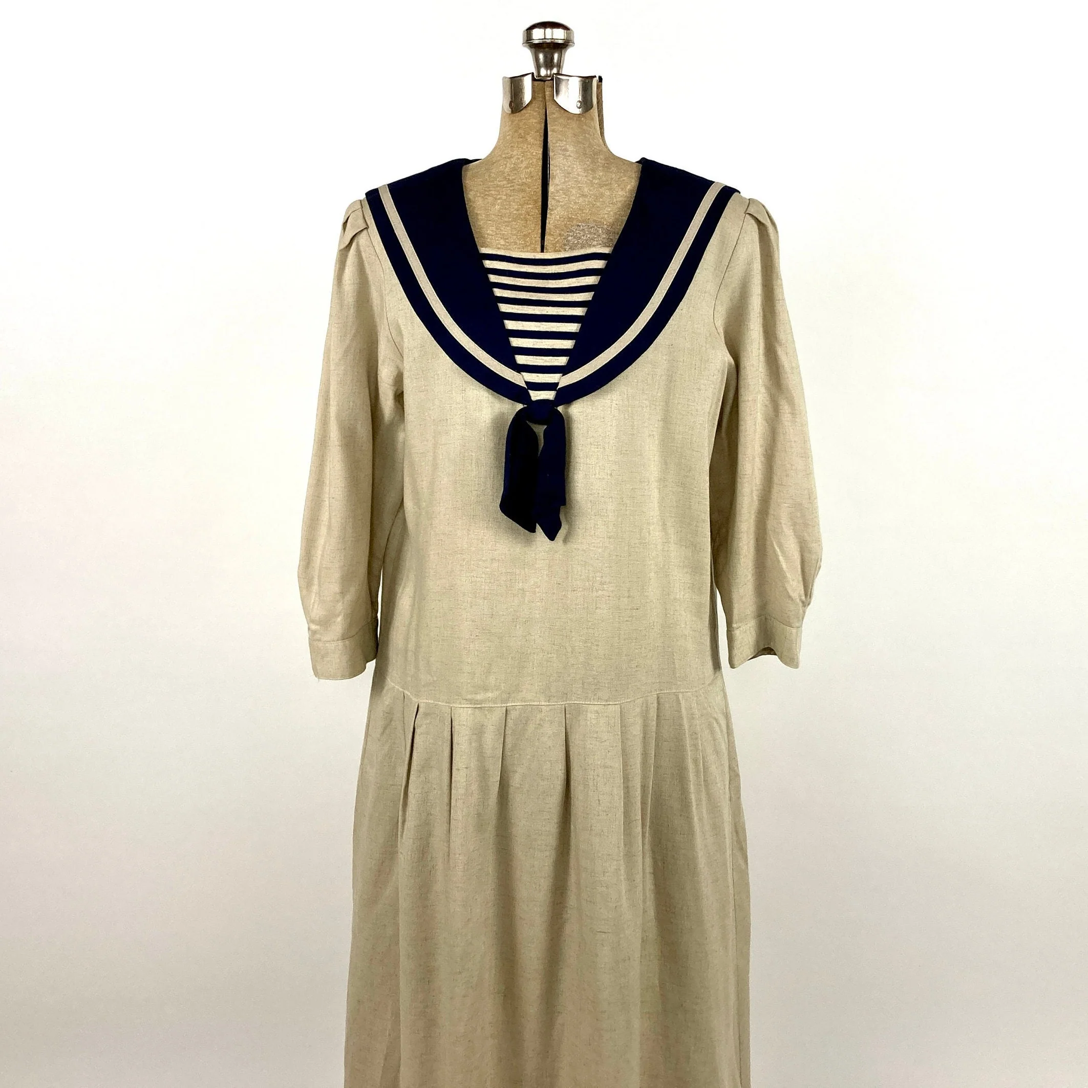 70s Lanz Khaki Sailor Striped Dress Drop Waist Navy Blue Midi Dress Party Vintage Sun Dress by Lanz Originals - Image 5