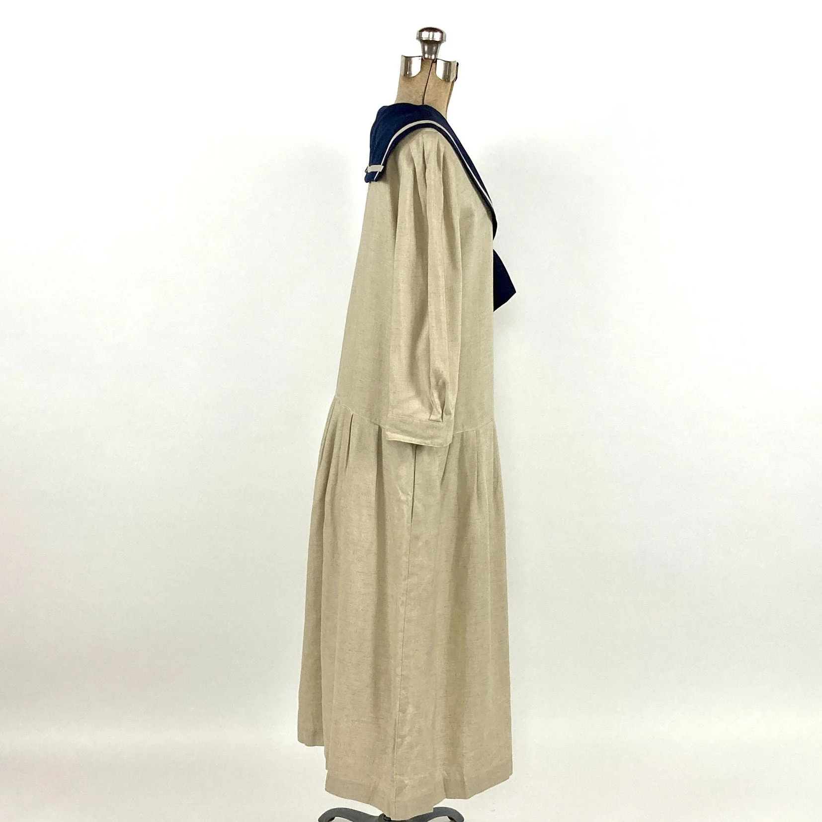 70s Lanz Khaki Sailor Striped Dress Drop Waist Navy Blue Midi Dress Party Vintage Sun Dress by Lanz Originals - Image 6