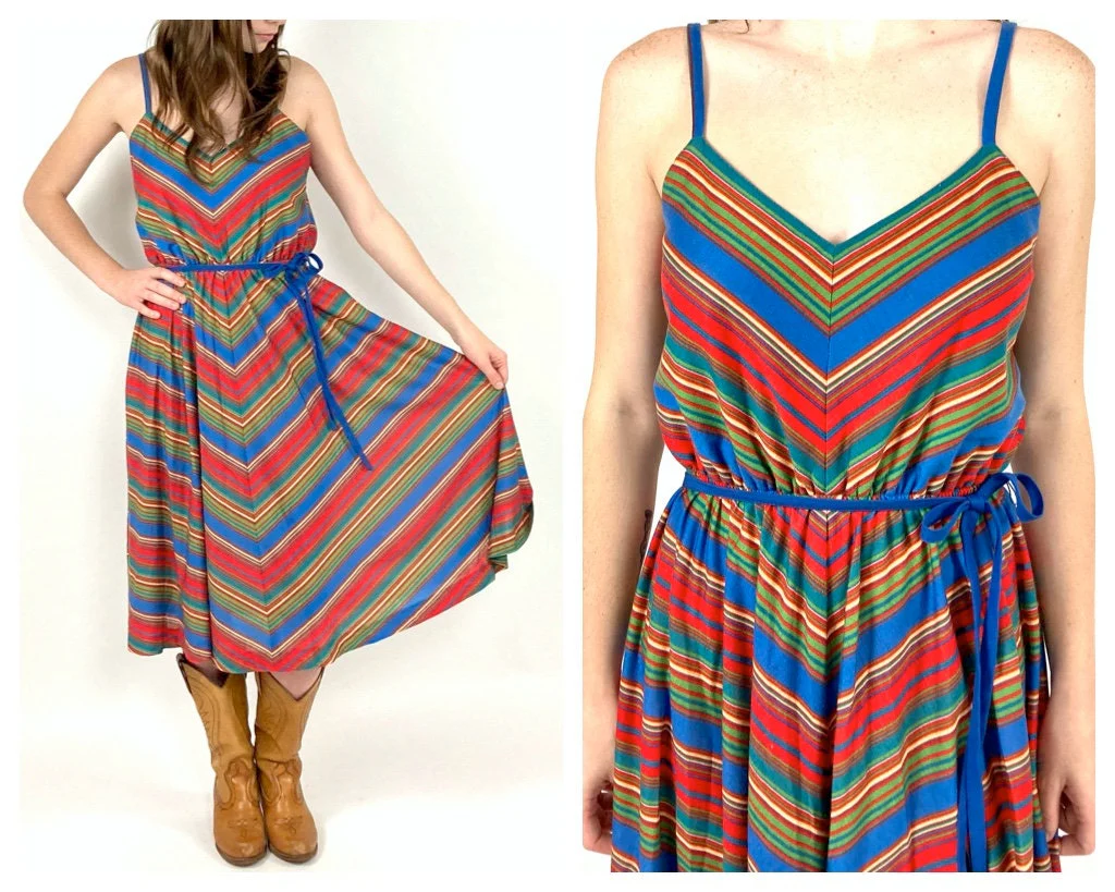 70s Lanz Rainbow Chevron Dress Sleeveless V-Neck Striped Party Sundress Vintage Sun Dress by Lanz Originals - Image 2