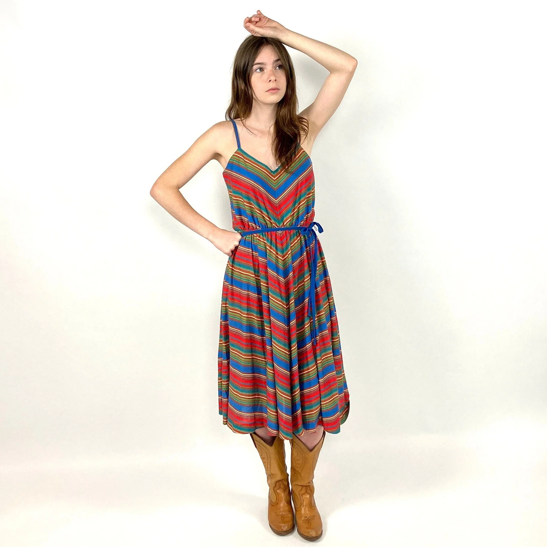 70s Lanz Rainbow Chevron Dress Sleeveless V-Neck Striped Party Sundress Vintage Sun Dress by Lanz Originals - Image 3