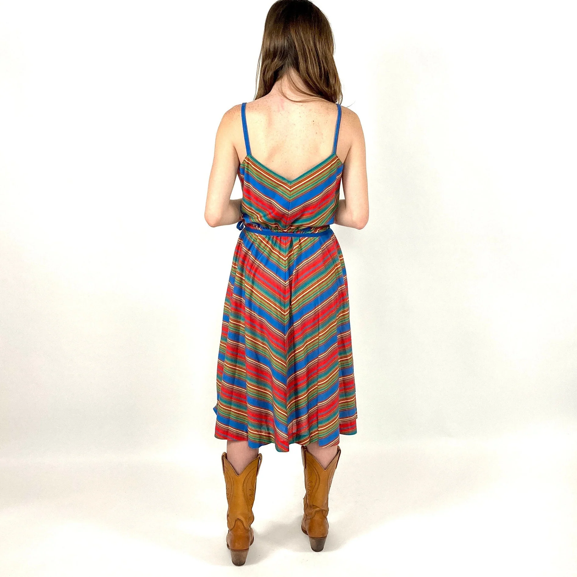 70s Lanz Rainbow Chevron Dress Sleeveless V-Neck Striped Party Sundress Vintage Sun Dress by Lanz Originals - Image 5