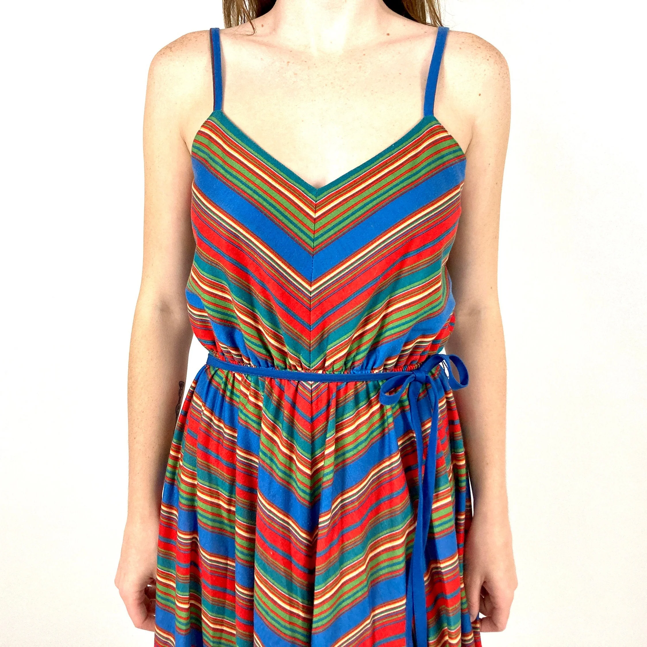70s Lanz Rainbow Chevron Dress Sleeveless V-Neck Striped Party Sundress Vintage Sun Dress by Lanz Originals - Image 6