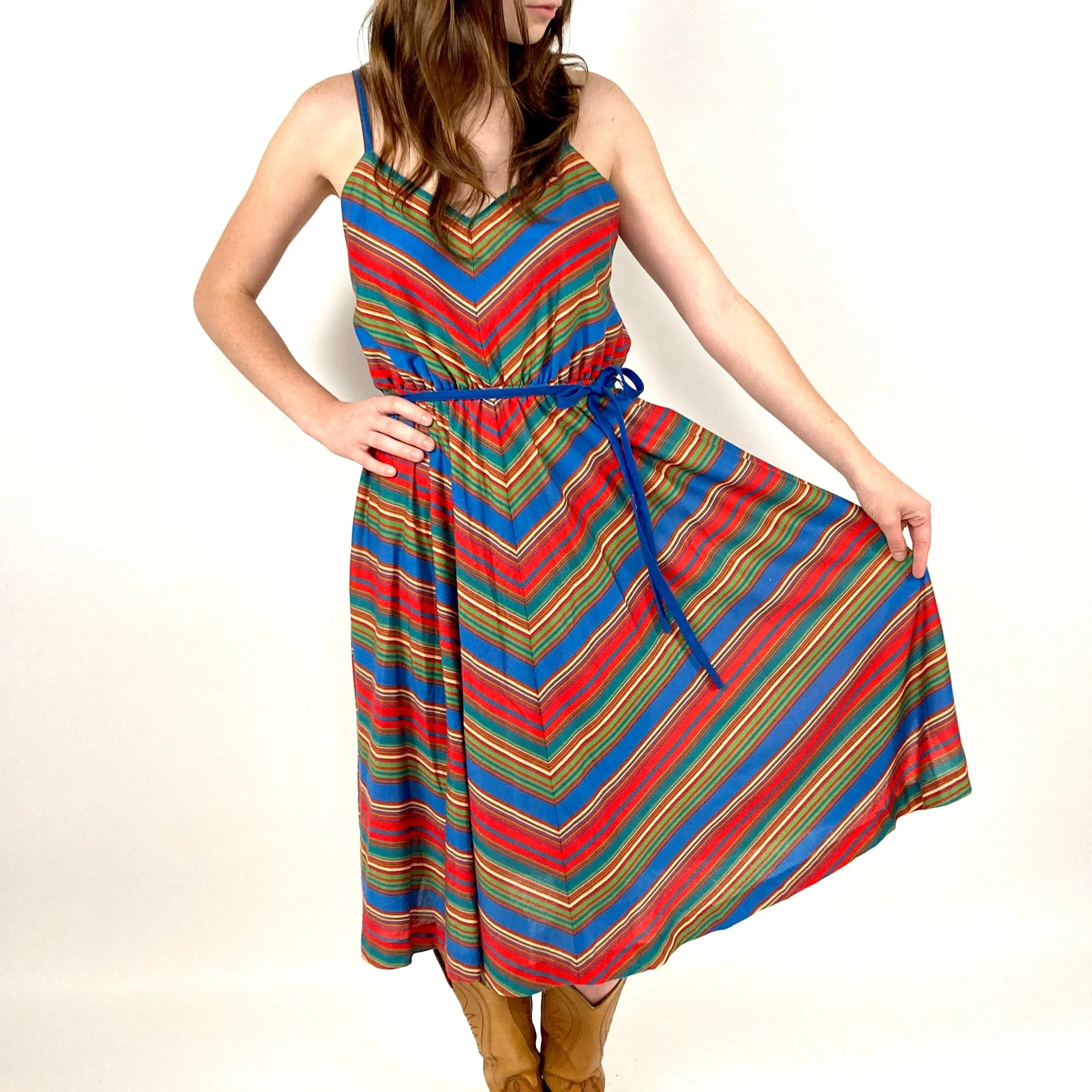 70s Lanz Rainbow Chevron Dress Sleeveless V-Neck Striped Party Sundress Vintage Sun Dress by Lanz Originals - Image 7