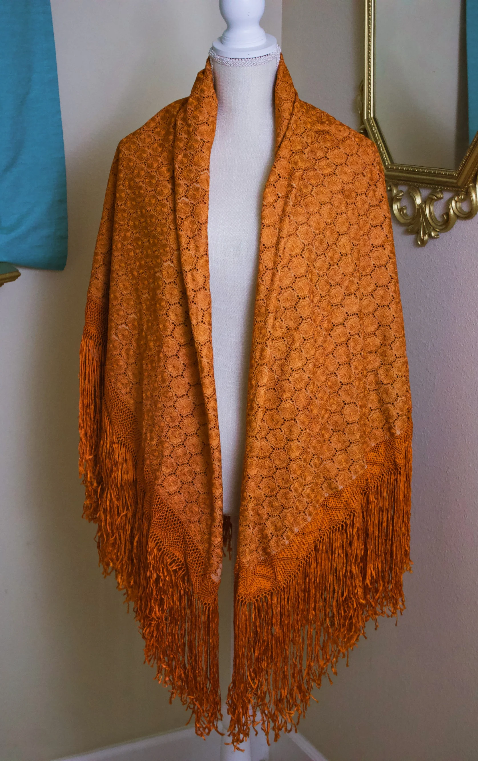 70s Large Burnt Orange Hand-Knotted Ribbon Macrame Woven Shawl Scarf with Fringe Scarf - Image 3