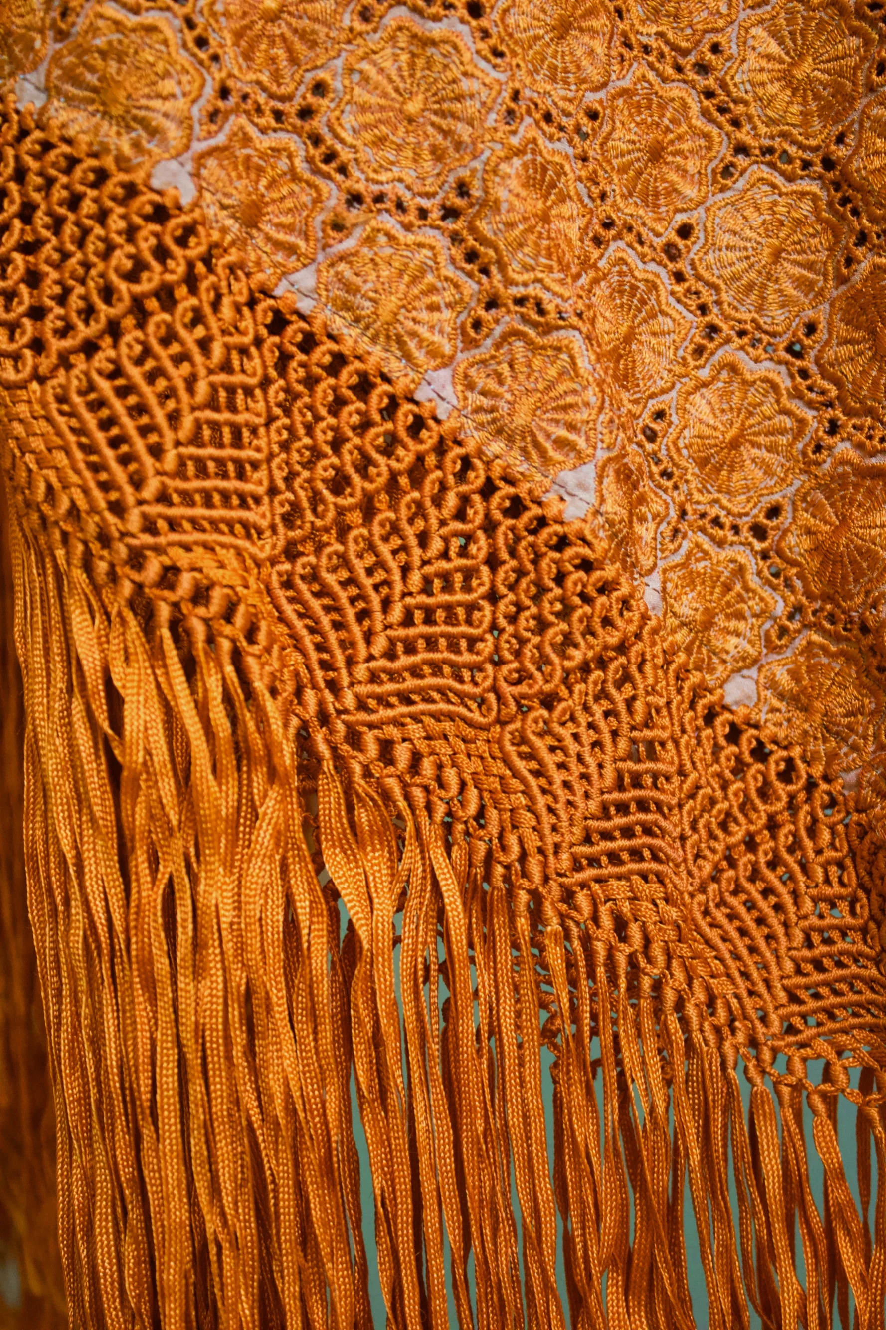 70s Large Burnt Orange Hand-Knotted Ribbon Macrame Woven Shawl Scarf with Fringe Scarf - Image 4