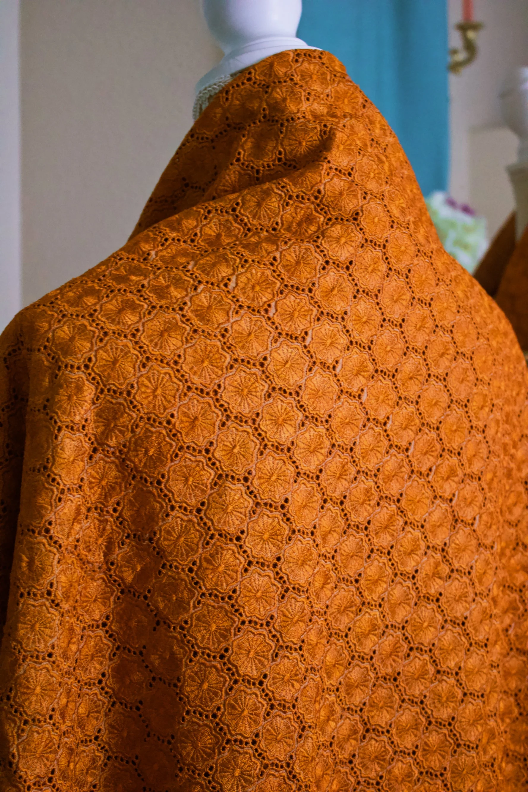 70s Large Burnt Orange Hand-Knotted Ribbon Macrame Woven Shawl Scarf with Fringe Scarf - Image 5