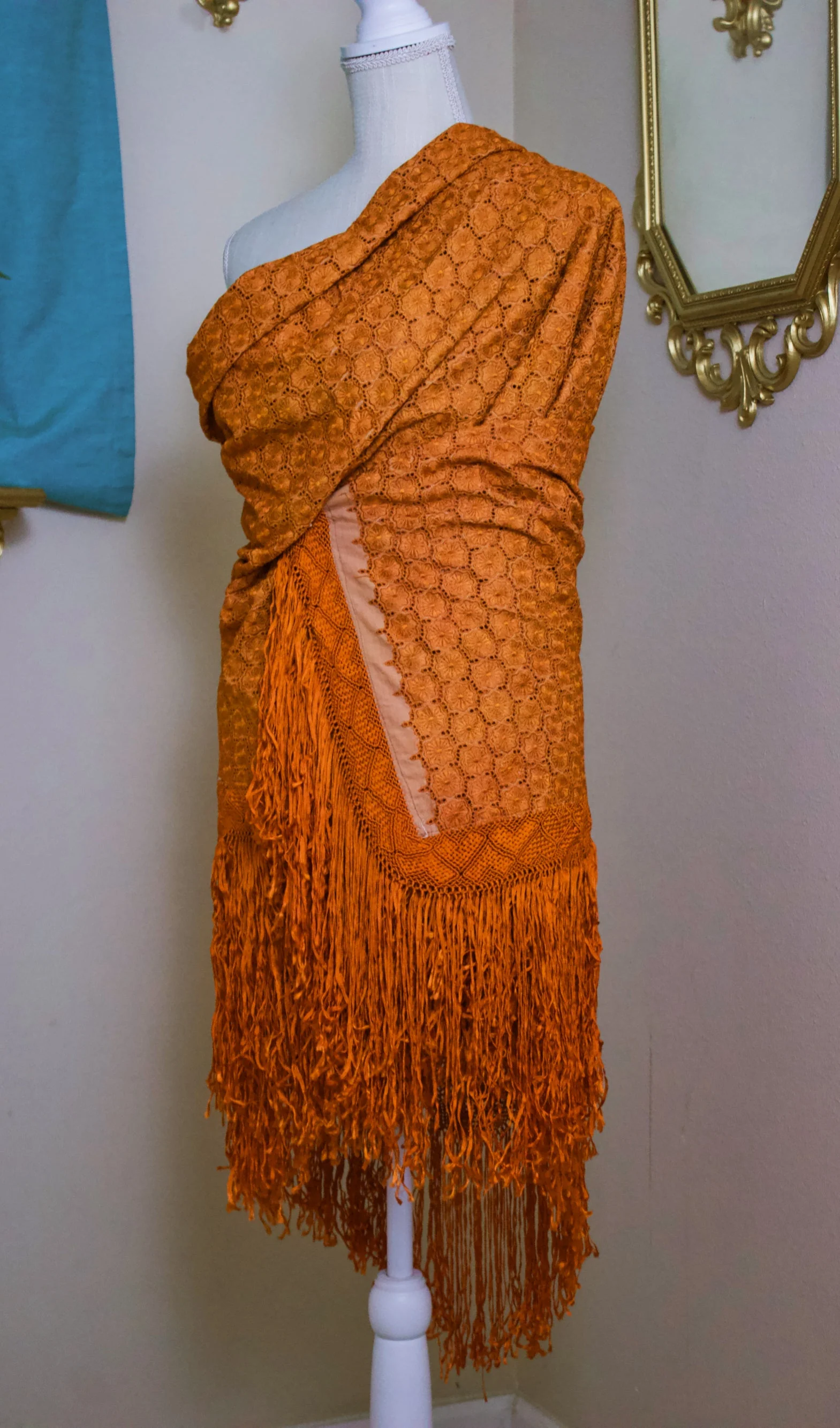 70s Large Burnt Orange Hand-Knotted Ribbon Macrame Woven Shawl Scarf with Fringe Scarf - Image 7