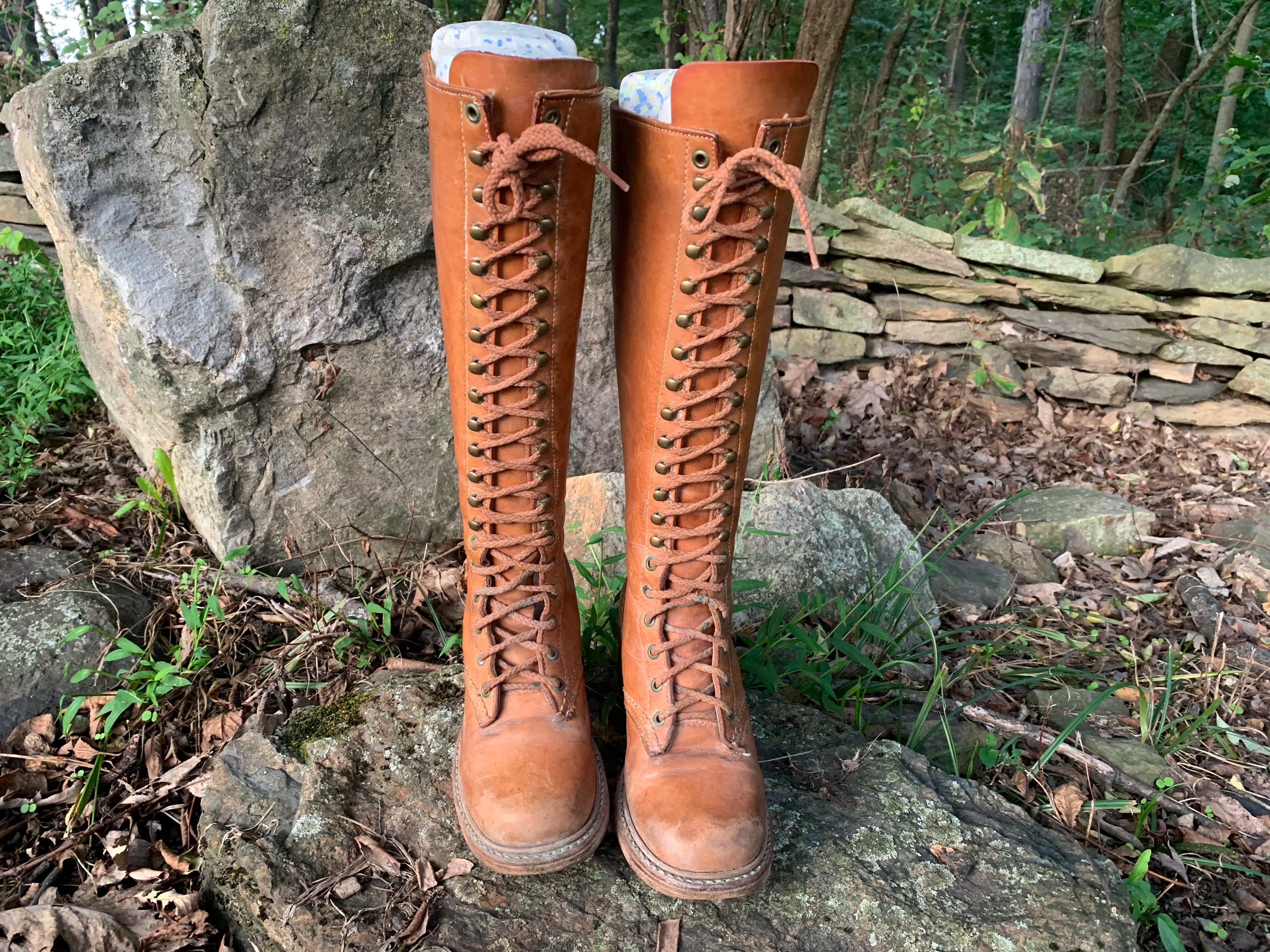 70s Leather Lace-up Campus Boots With Wood Stack Heels By Bort Carleton - Image 3