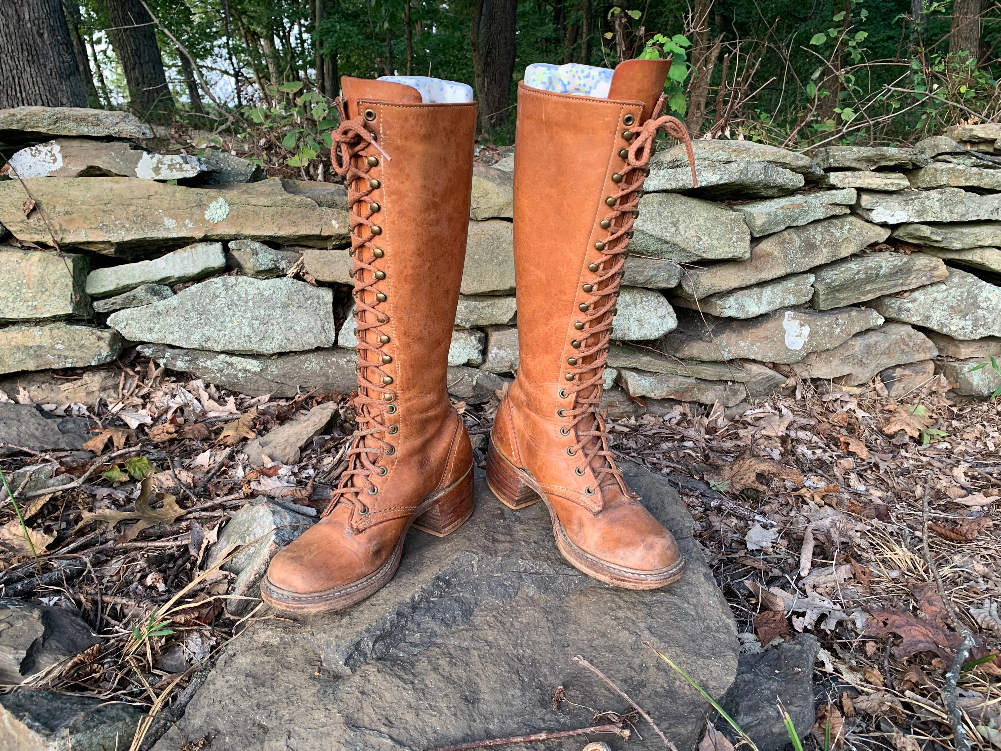 70s Leather Lace-up Campus Boots With Wood Stack Heels By Bort Carleton - Image 4