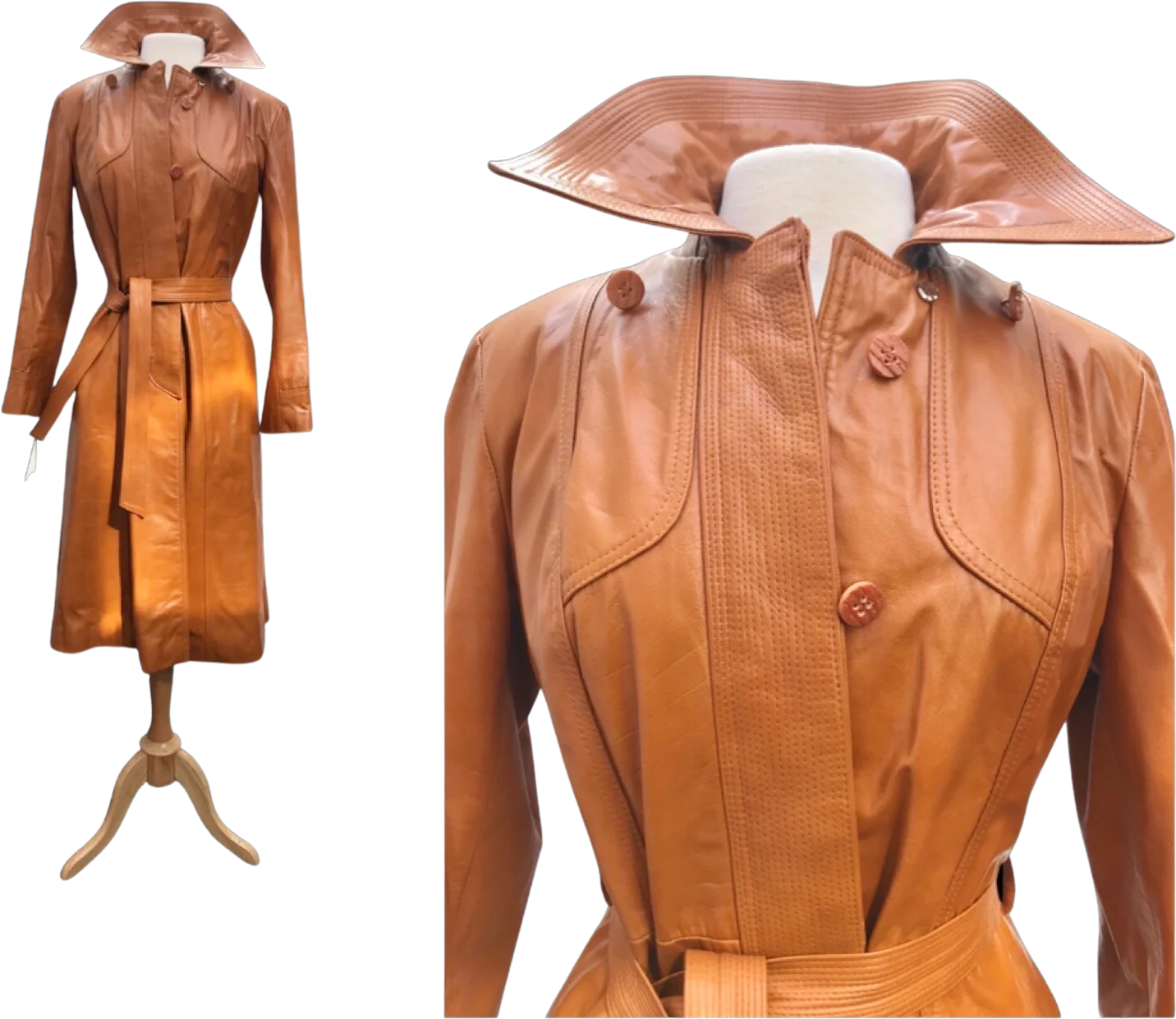 70s Leather Trench Spy Detachable Cape Butterscotch - Image 2