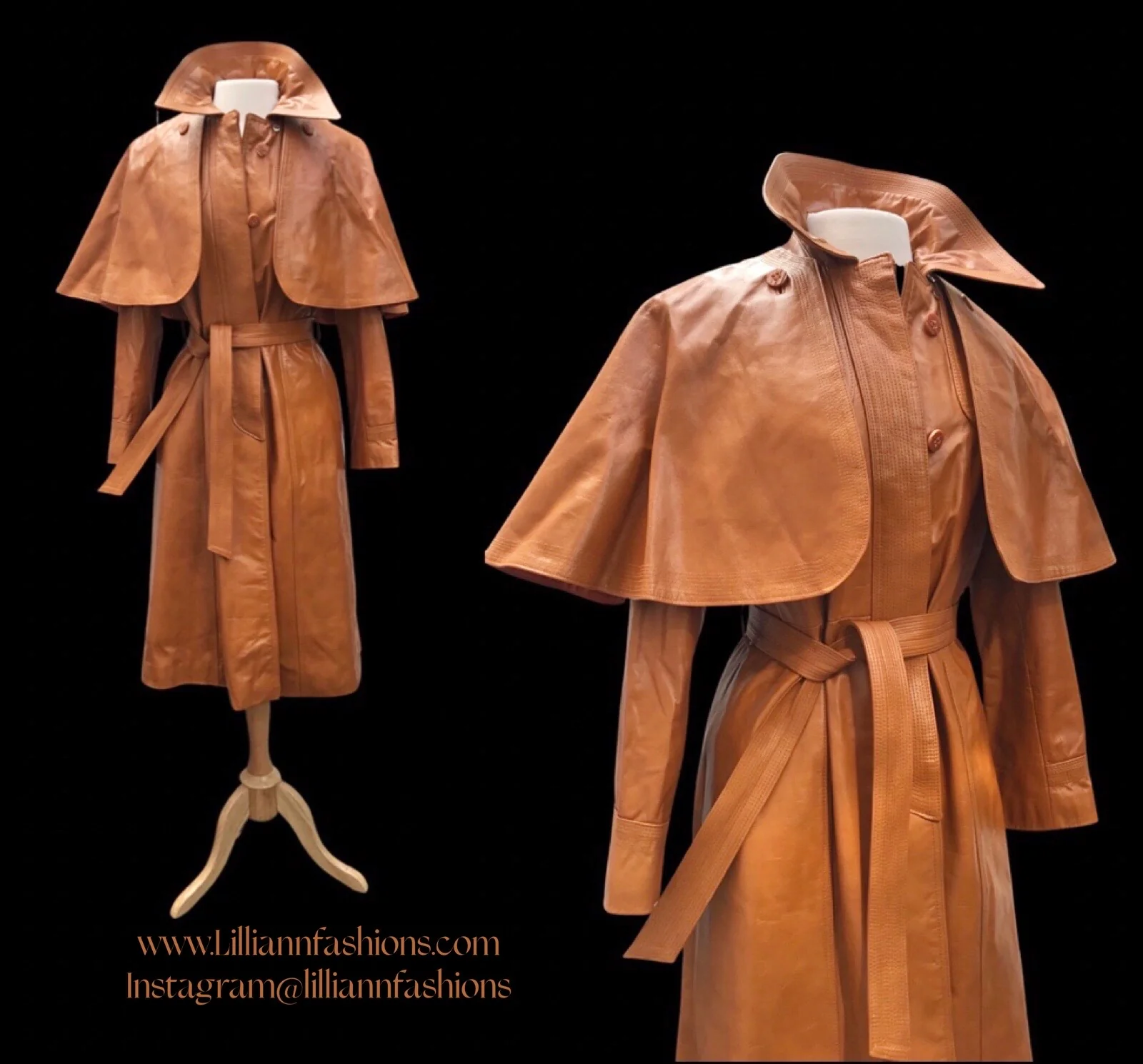 70s Leather Trench Spy Detachable Cape Butterscotch - Image 3