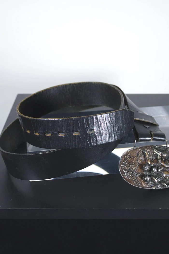 70s Leda And The Swan Buckle Black Leather Belt 43-47" By Bergamot Brass Works - Image 3