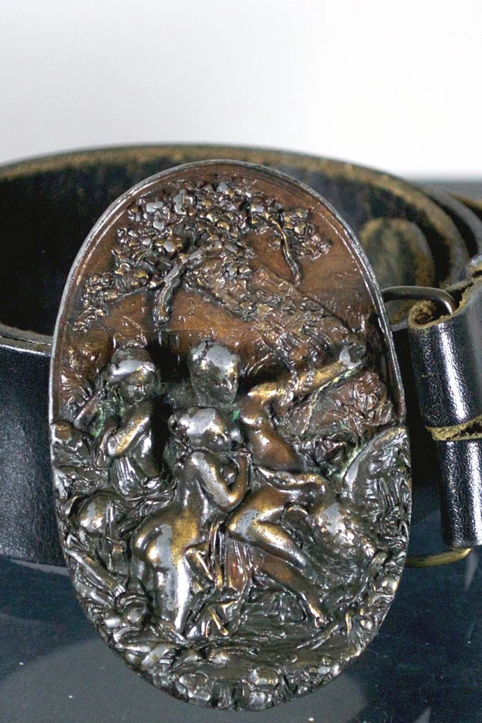 70s Leda And The Swan Buckle Black Leather Belt 43-47" By Bergamot Brass Works - Image 5