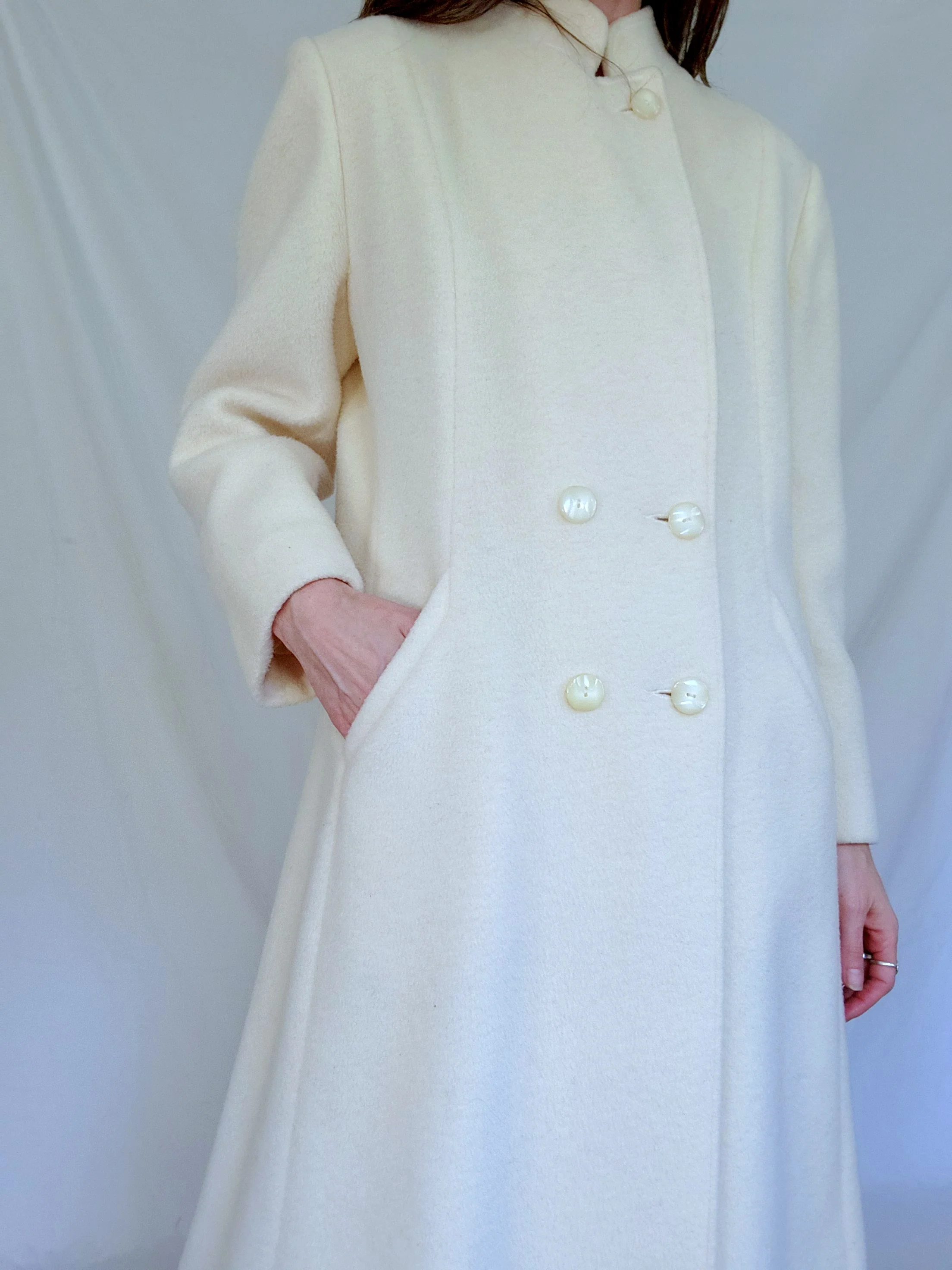 70s Light Academia Long Cream Wool Winter Over Coat By M.g. Kinsler - Image 13
