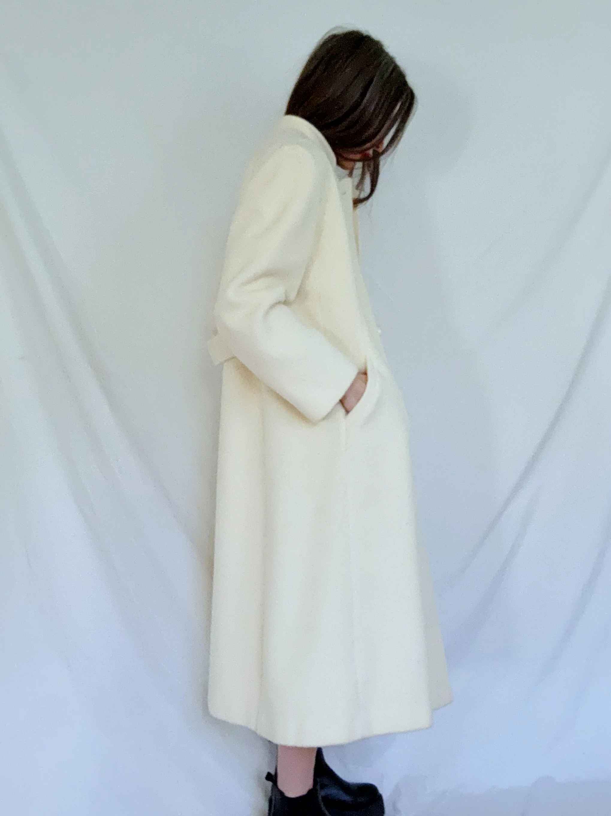 70s Light Academia Long Cream Wool Winter Over Coat By M.g. Kinsler - Image 5