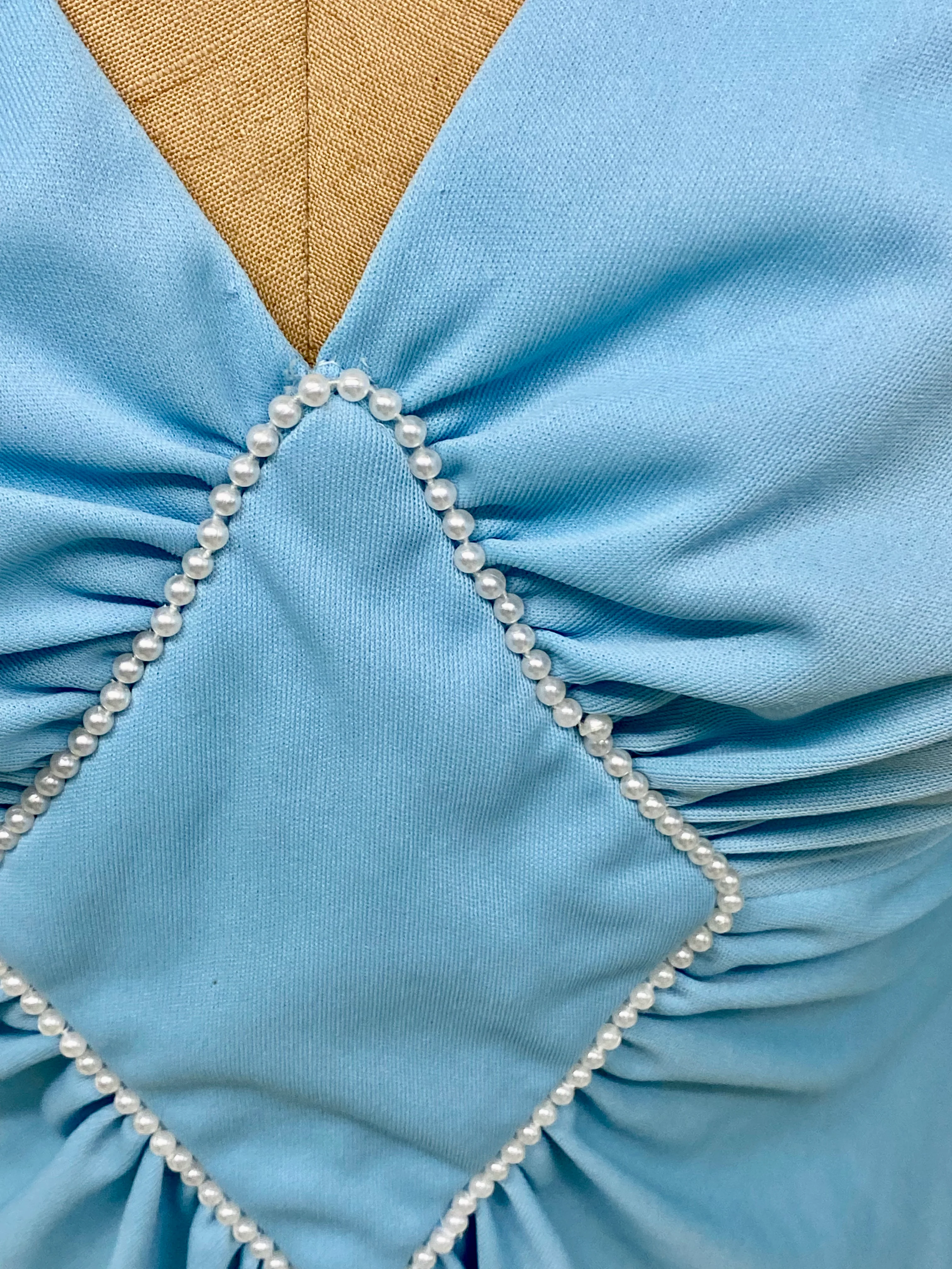 70s Light Blue Evening Maxi Dress Med. Pearl Trim - Image 4