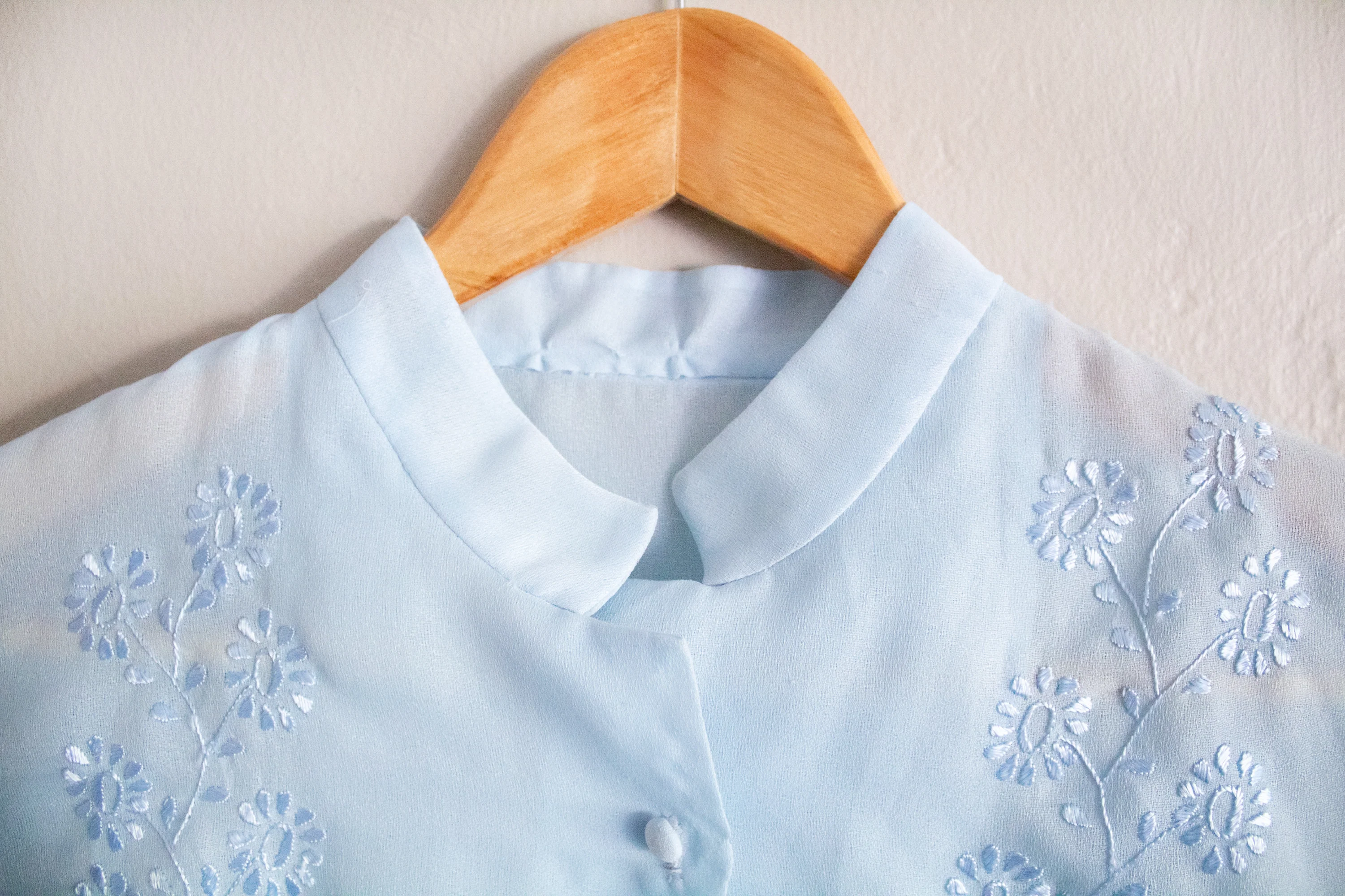 70s Light Blue Semi Sheer Collarless Blouse Small - Image 4