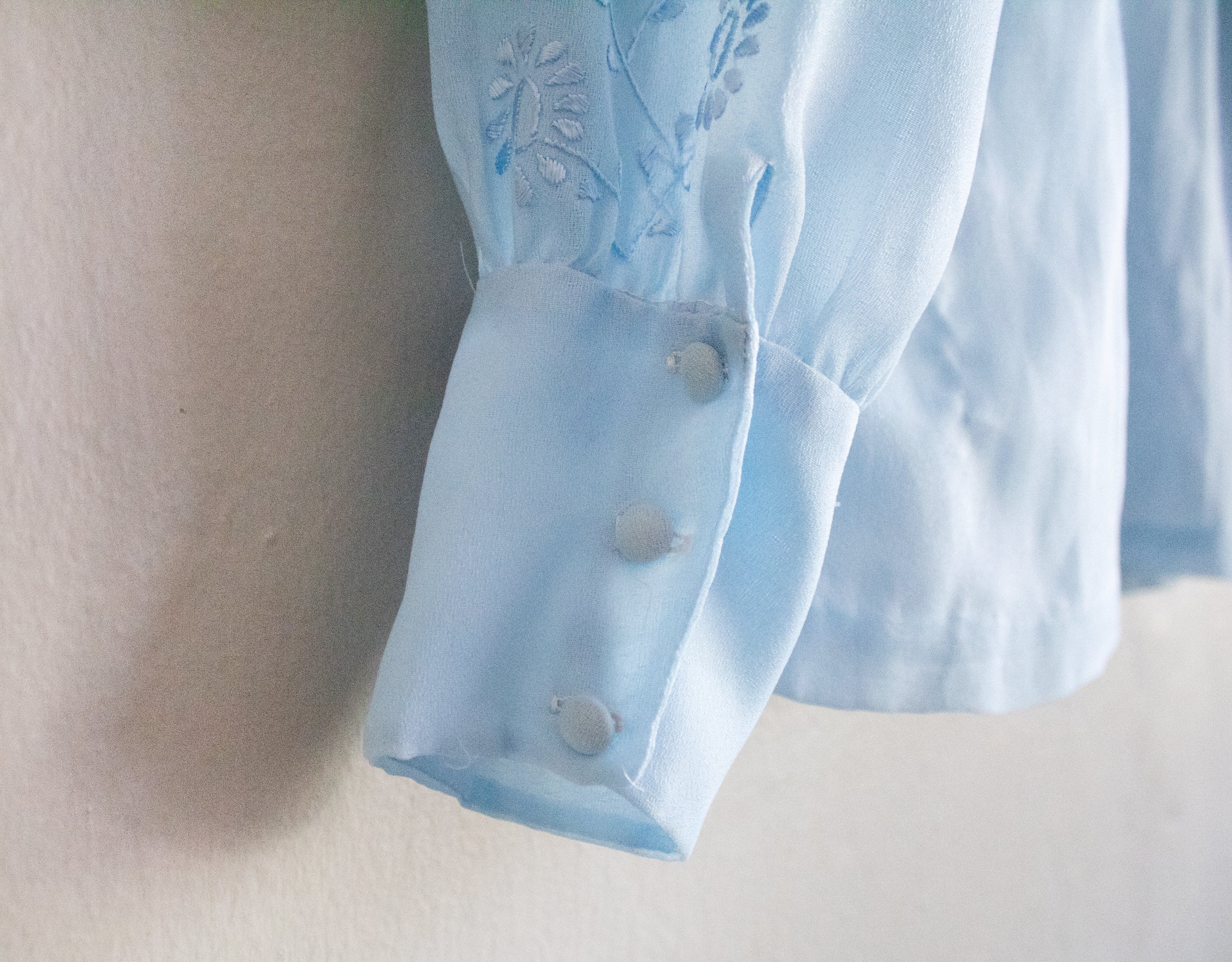 70s Light Blue Semi Sheer Collarless Blouse Small - Image 9