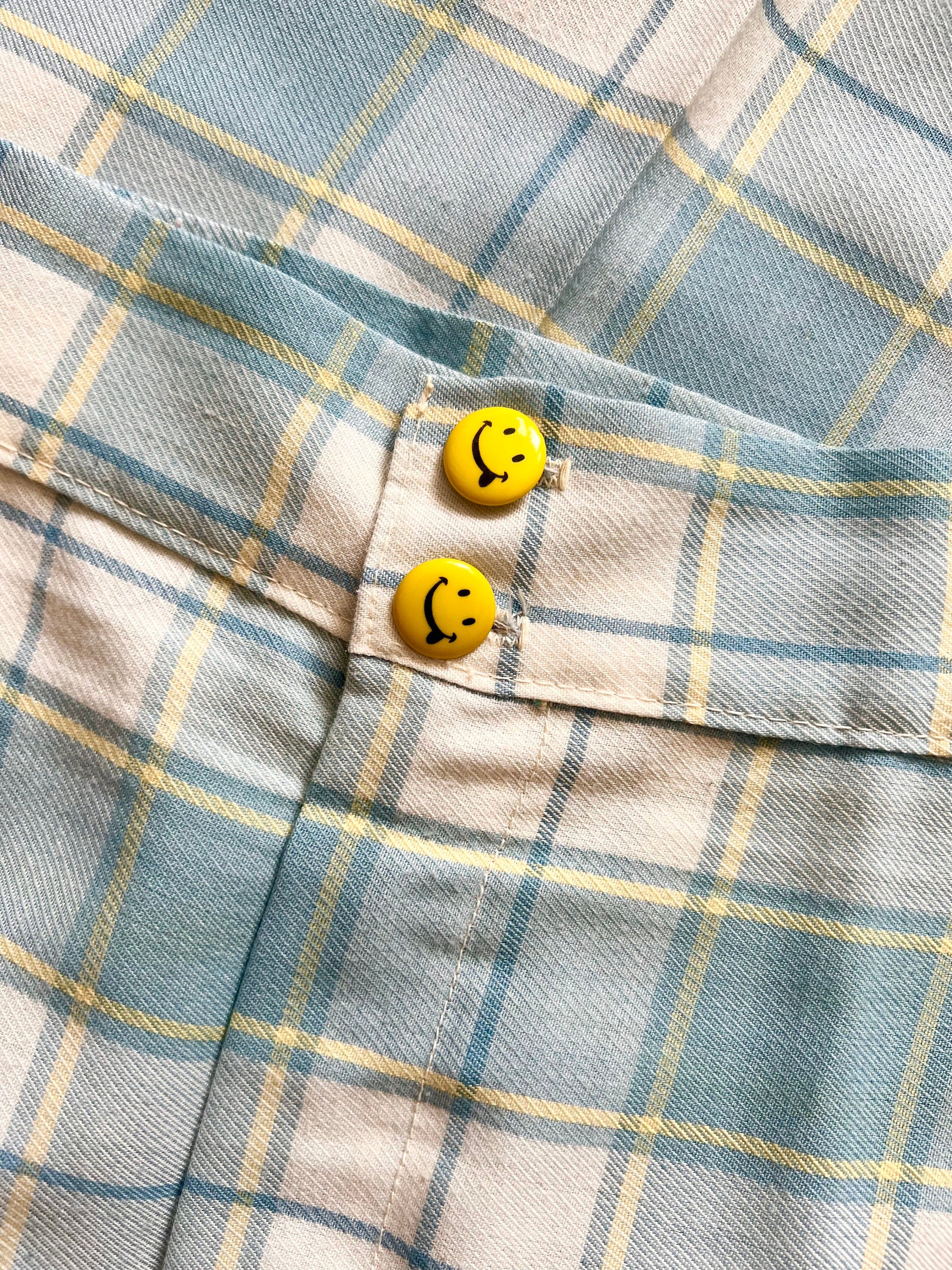 70s Light Blue Yellow Plaid Bell Bottom Wide Leg Smiley Face Pants - Image 3