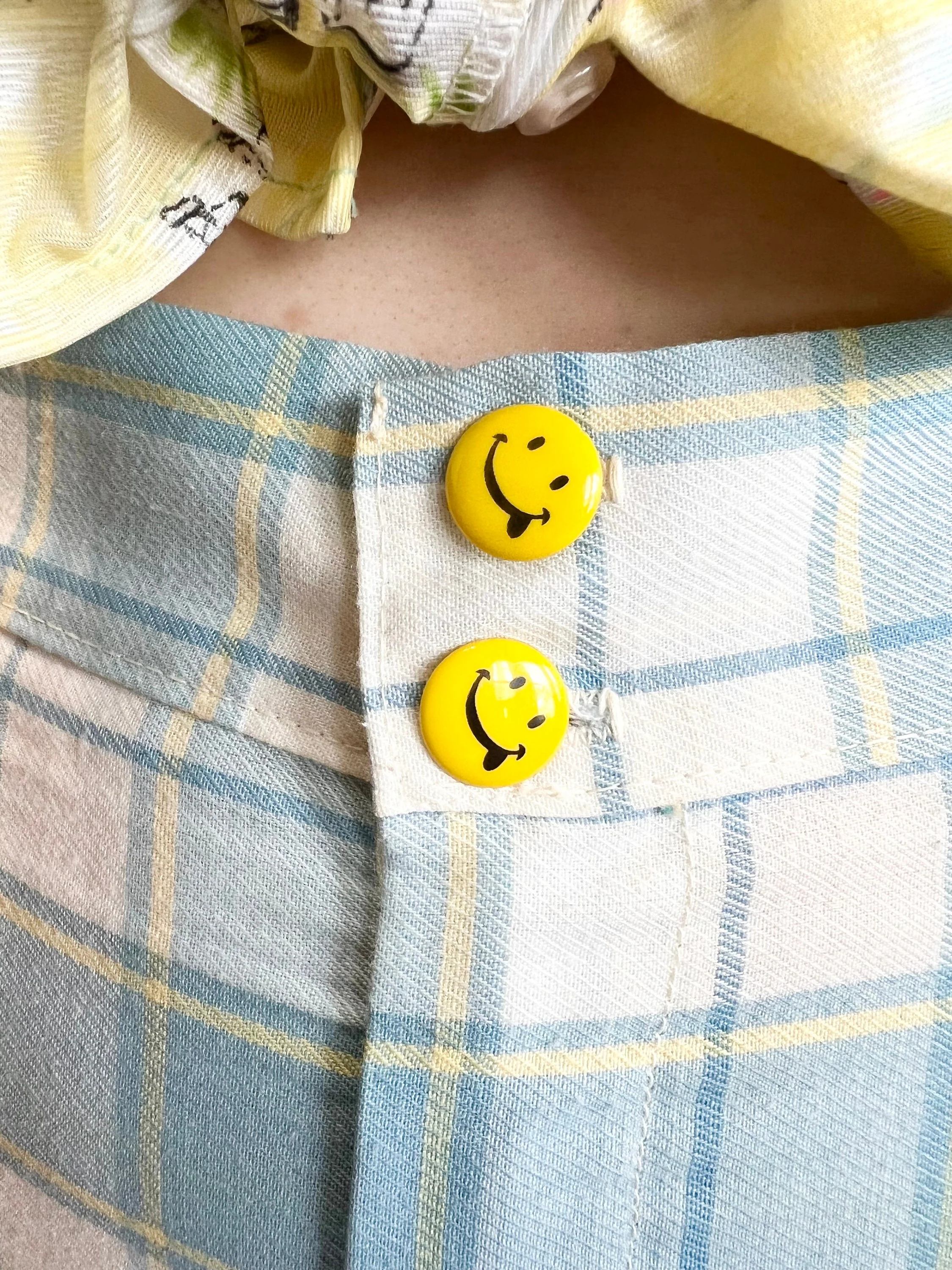 70s Light Blue Yellow Plaid Bell Bottom Wide Leg Smiley Face Pants - Image 5