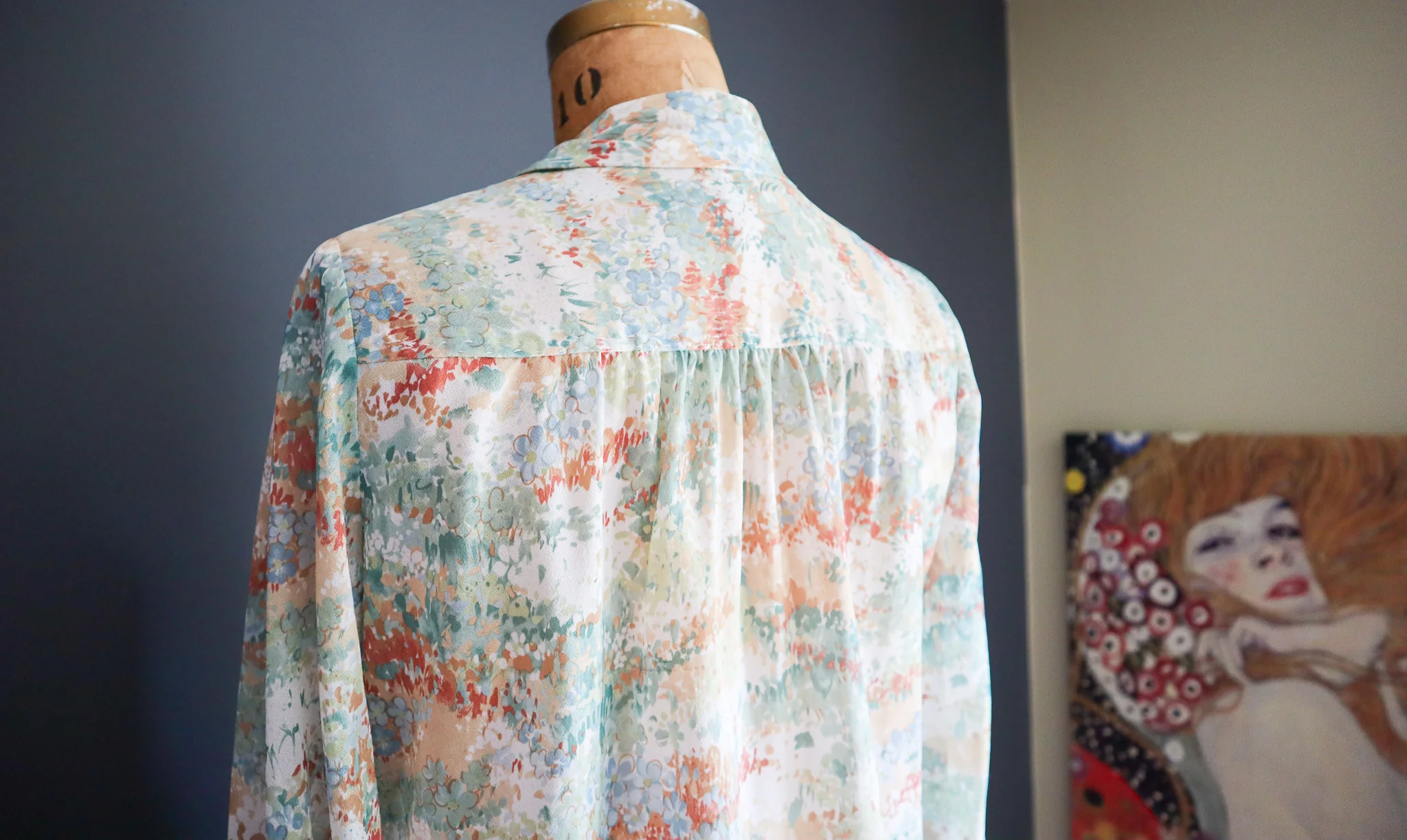 70s Lightweight Watercolor Nylon Button Front Blouse - Image 10