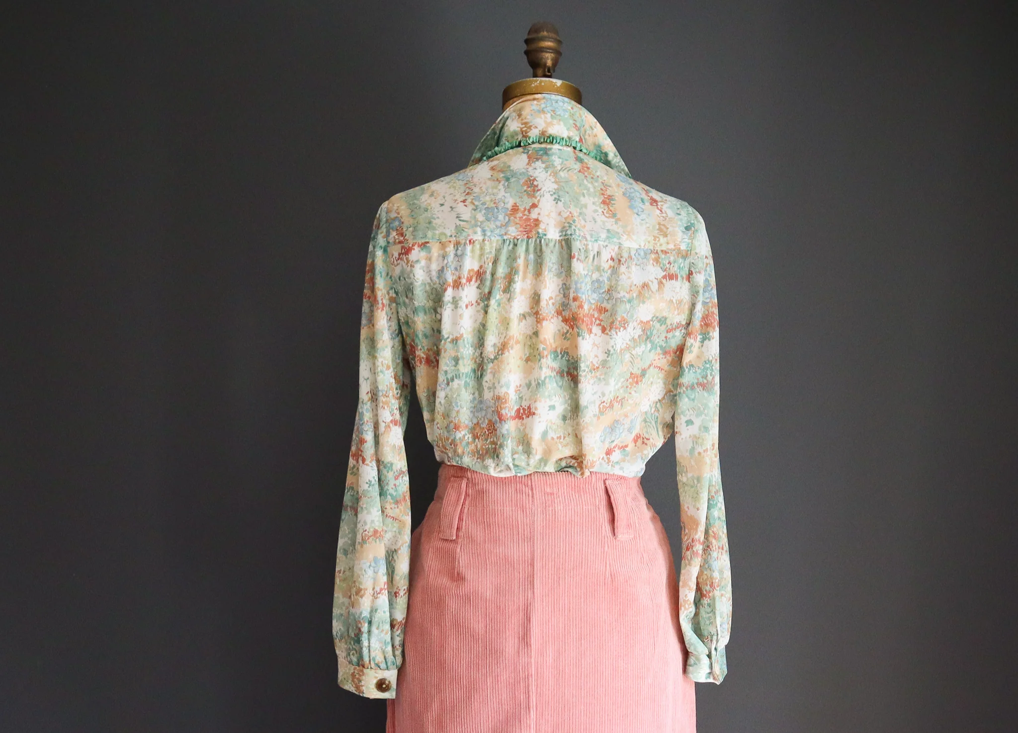 70s Lightweight Watercolor Nylon Button Front Blouse - Image 5