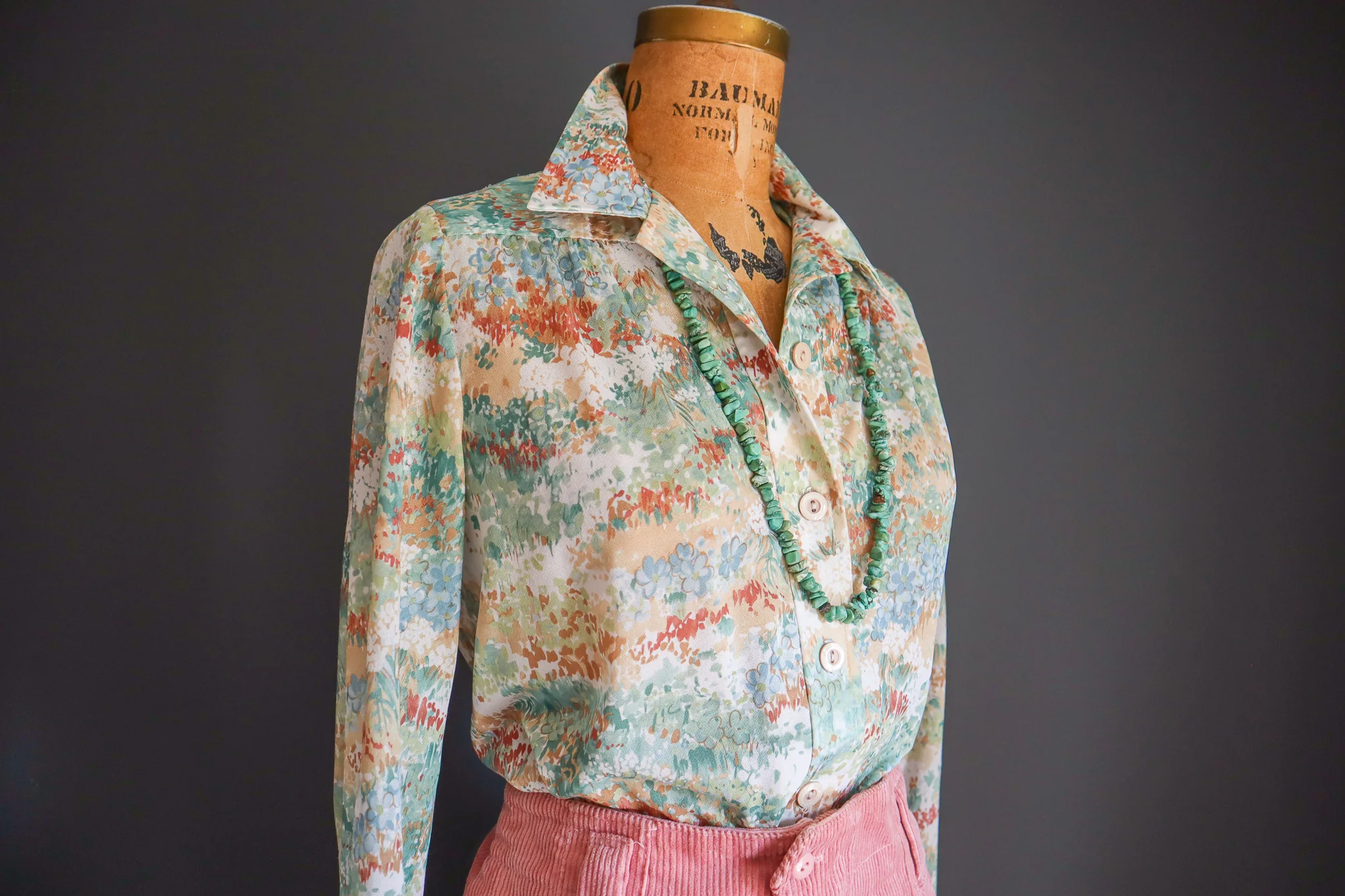 70s Lightweight Watercolor Nylon Button Front Blouse - Image 7