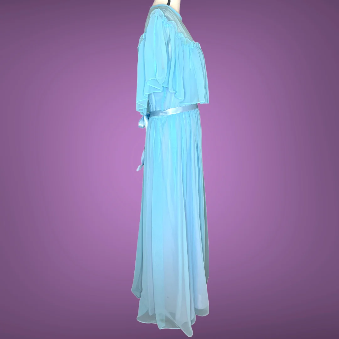 70s Lilac Light Blue Sheer Chiffon Ruffle Dress Gown By Themes - Image 3