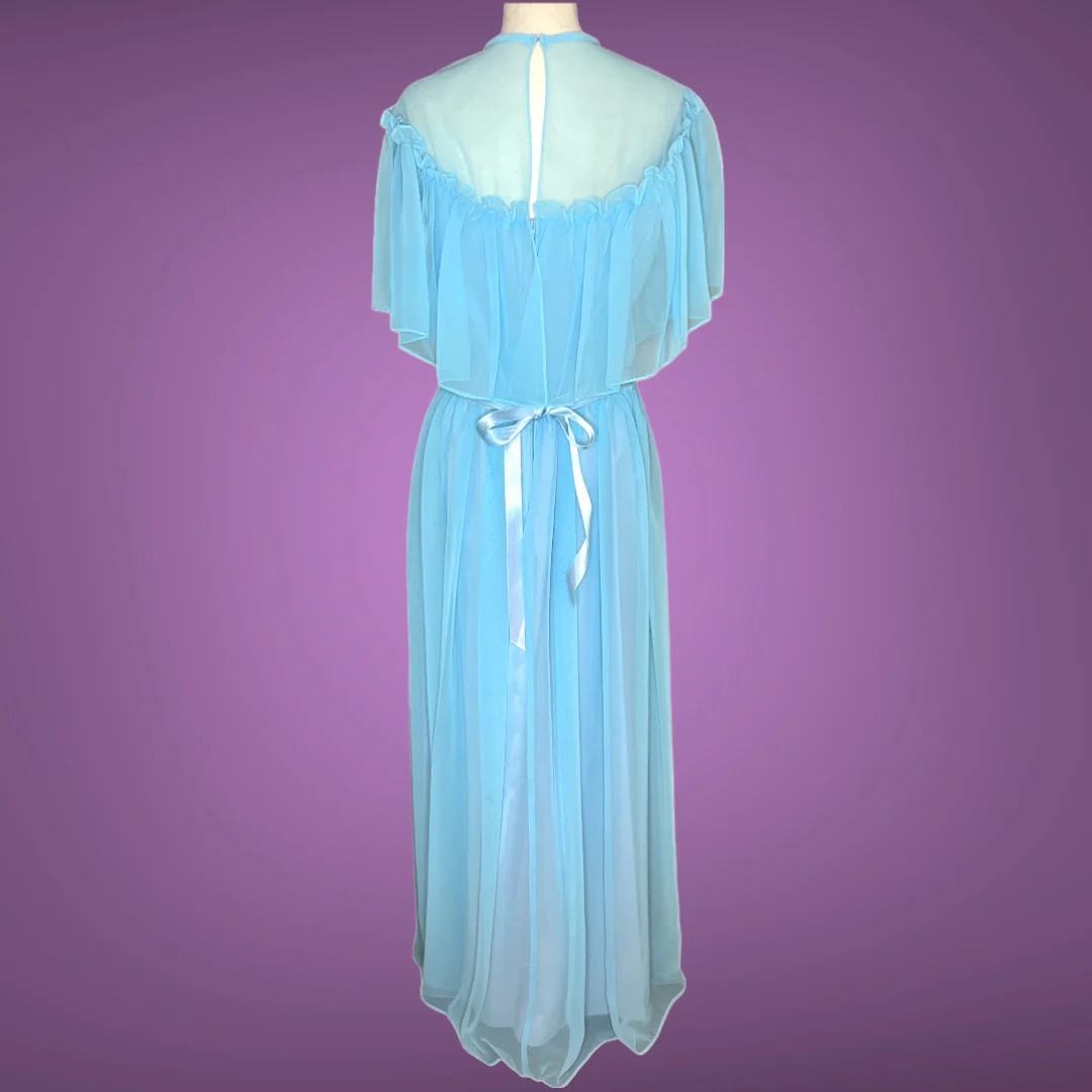 70s Lilac Light Blue Sheer Chiffon Ruffle Dress Gown By Themes - Image 4