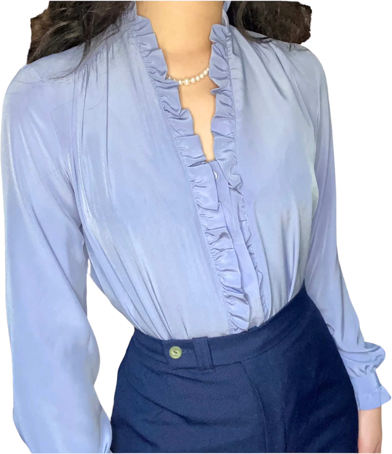 70s Lilac Ruffle Trim Button Up Long Sleeve Top By Flahs