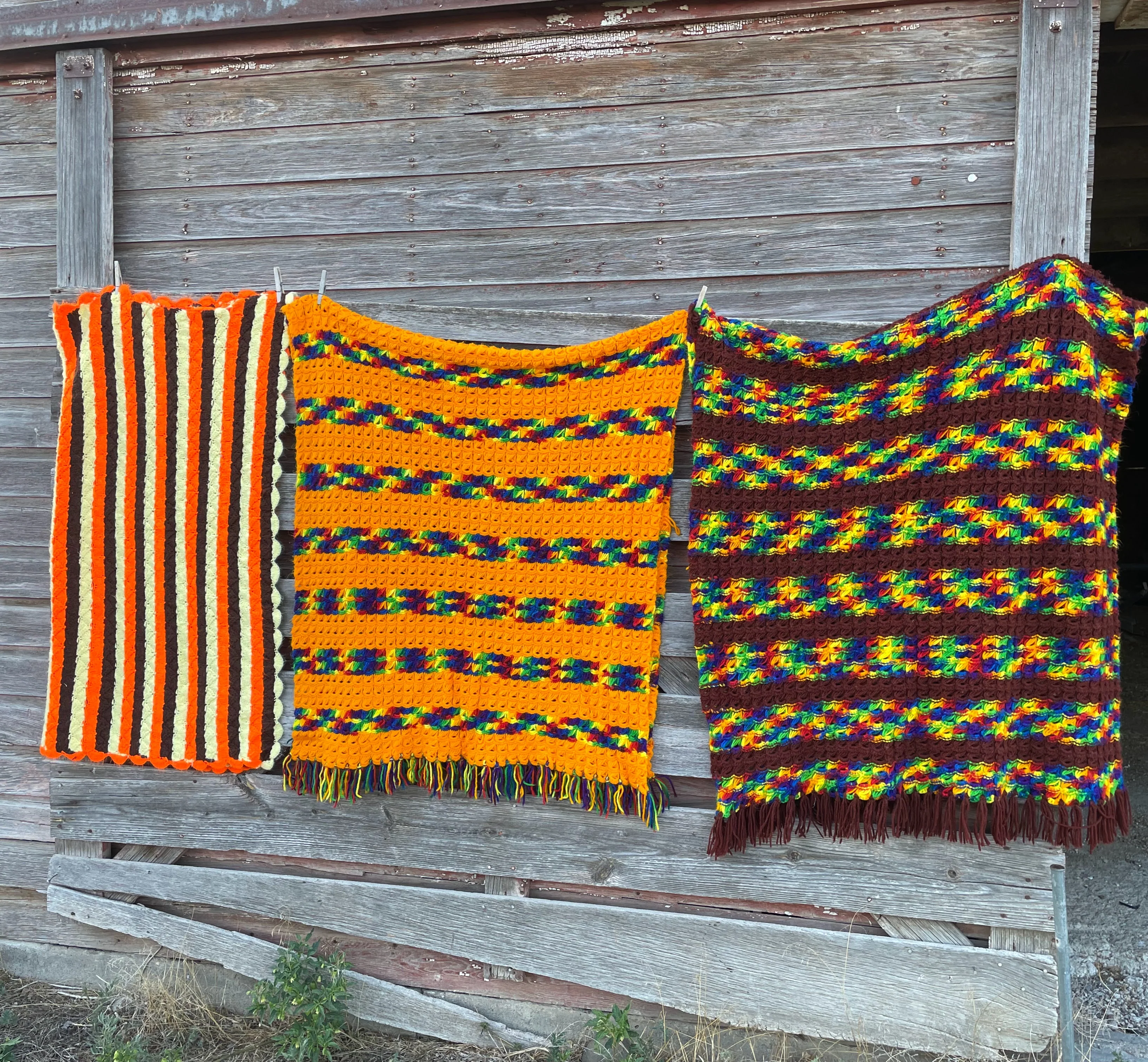 70s Lot 3 Crochet Afghans Retro Orange Brown - Image 2