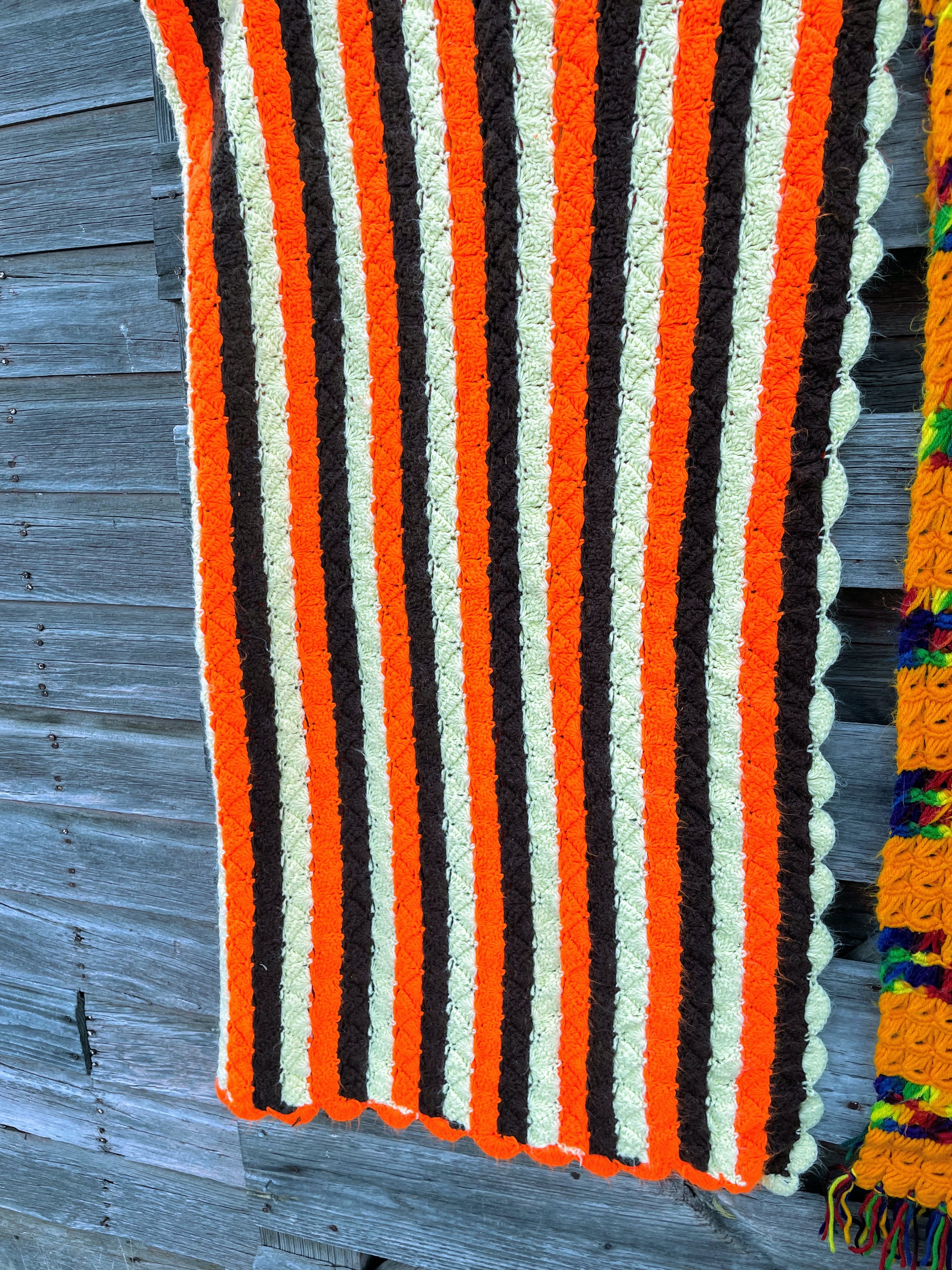 70s Lot 3 Crochet Afghans Retro Orange Brown - Image 8
