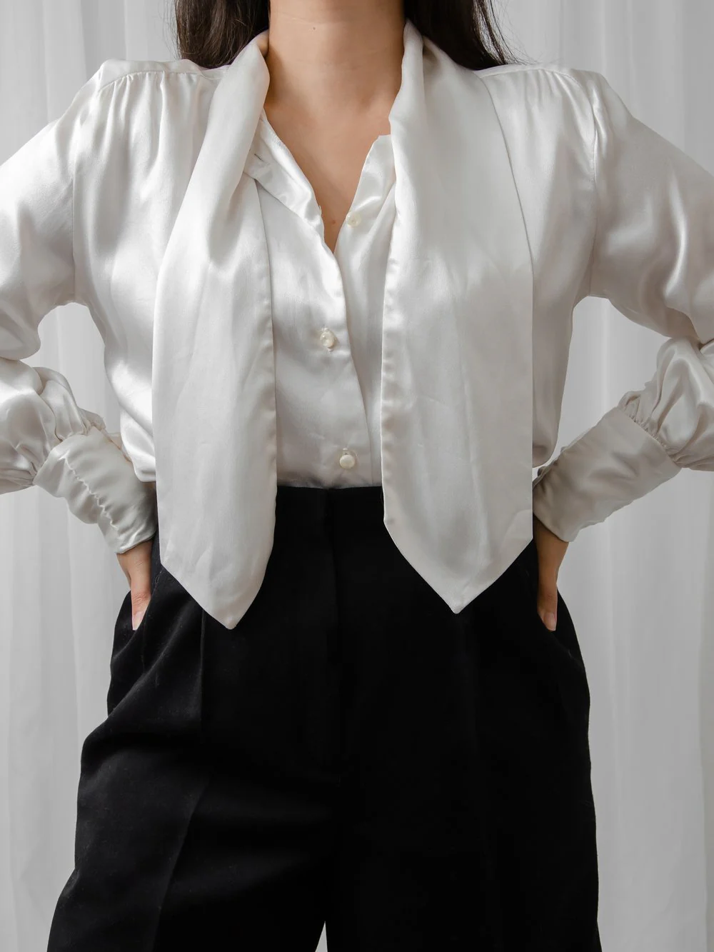 70s Luxe Satin Pussy Bow Blouse - Image 3