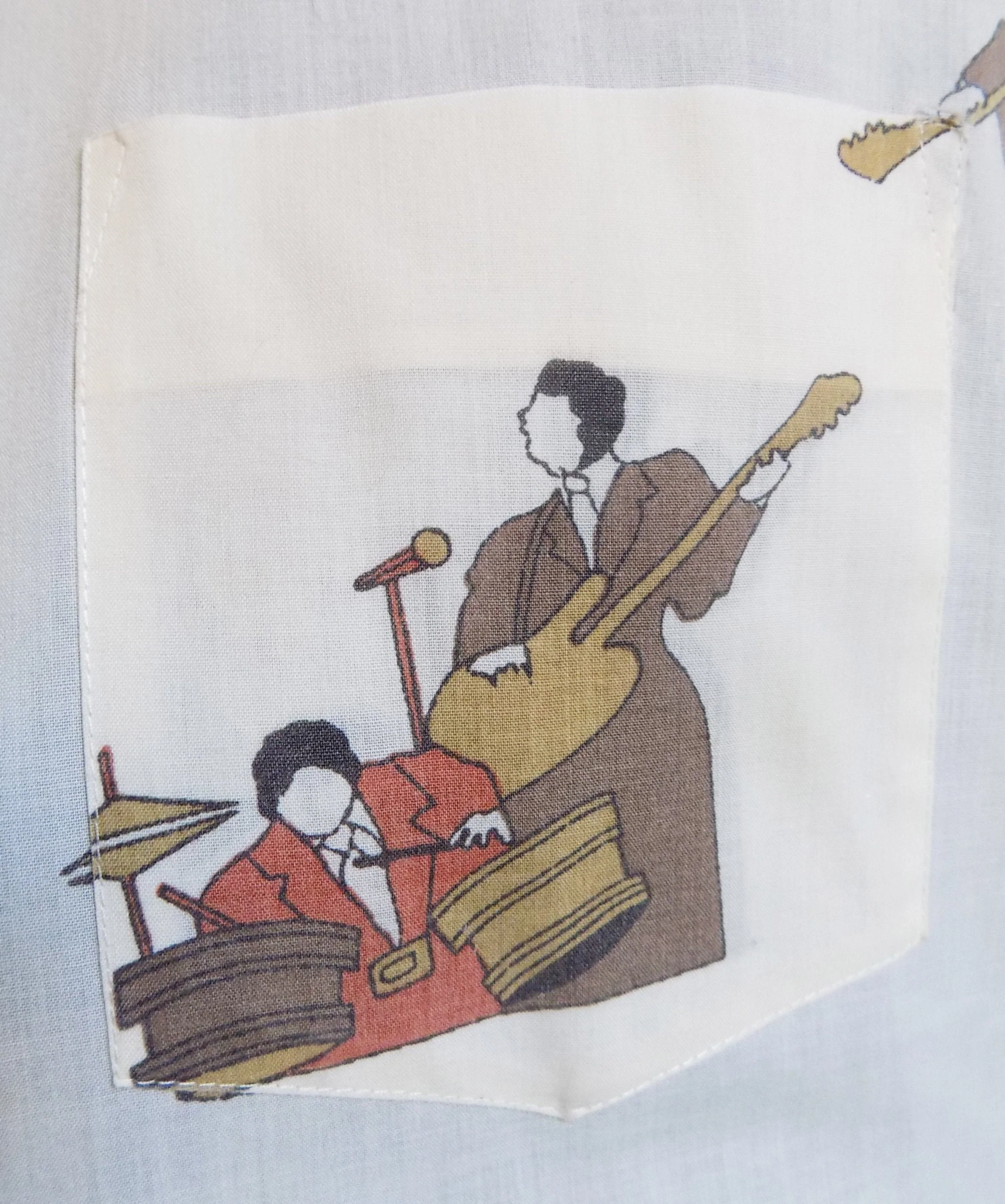 70s Man's Shirt with Drummer and Guitarist Beatles Band Musicians Print Pocket Short Sleeved 16" Collar Fruit of The Loom - Image 2