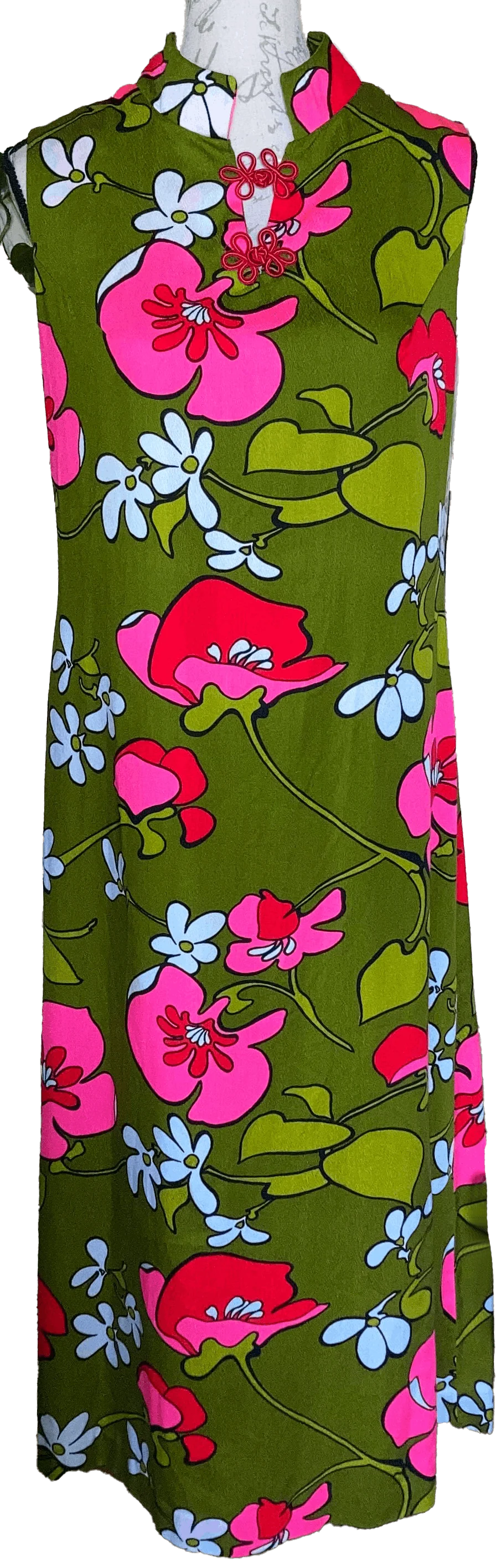 70s Maxi Dress Floral Pop Art Band-Collar