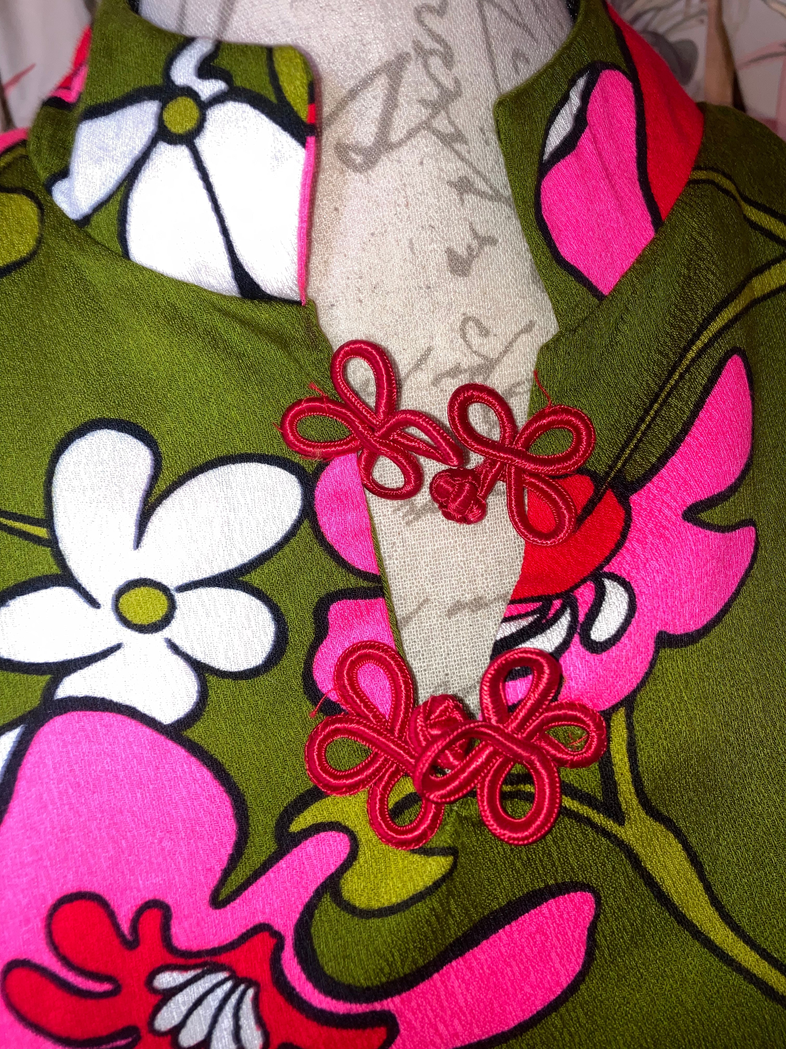70s Maxi Dress Floral Pop Art Band-Collar - Image 6