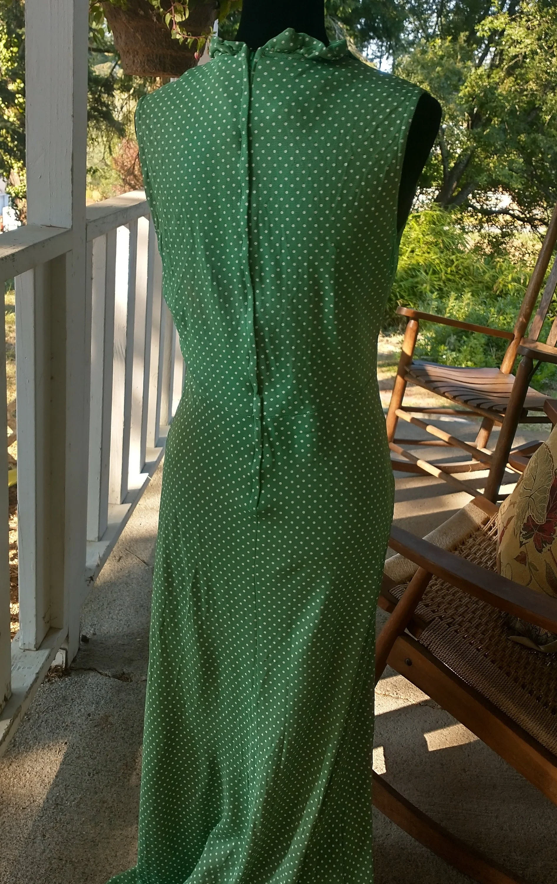 70s Maxi Green and White Polka Dot Dress Sleeveless Polyester Made In Usa Ruffles Women's Small To Medium by Montgomery Ward - Image 2