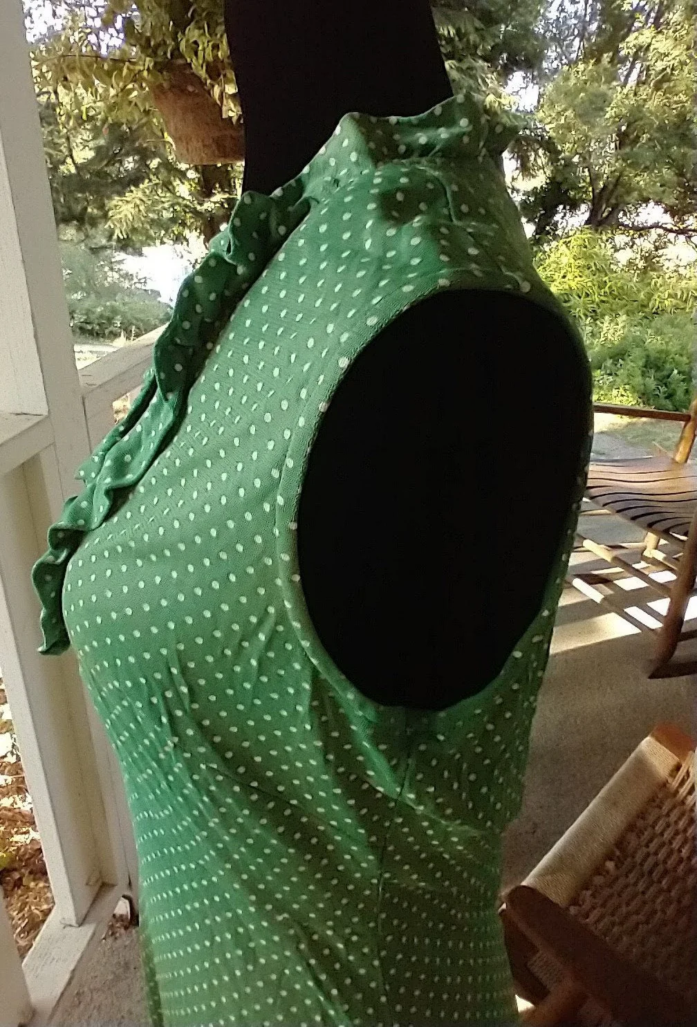 70s Maxi Green and White Polka Dot Dress Sleeveless Polyester Made In Usa Ruffles Women's Small To Medium by Montgomery Ward - Image 4